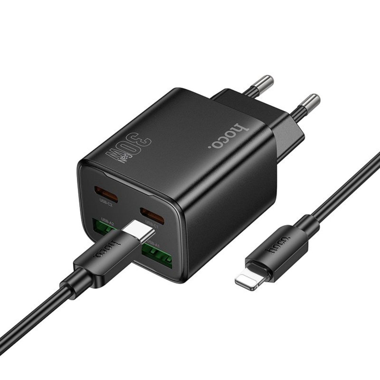 hoco. N56 USB-Ladegerät (3000 mA, Einzelartikel, Inklusive 1 m USB-C-auf-iPhone-Kabel, PD + QC3.0 Schnellladen, 30W, 4 Ports, inkl. iPhone-Kabel)
