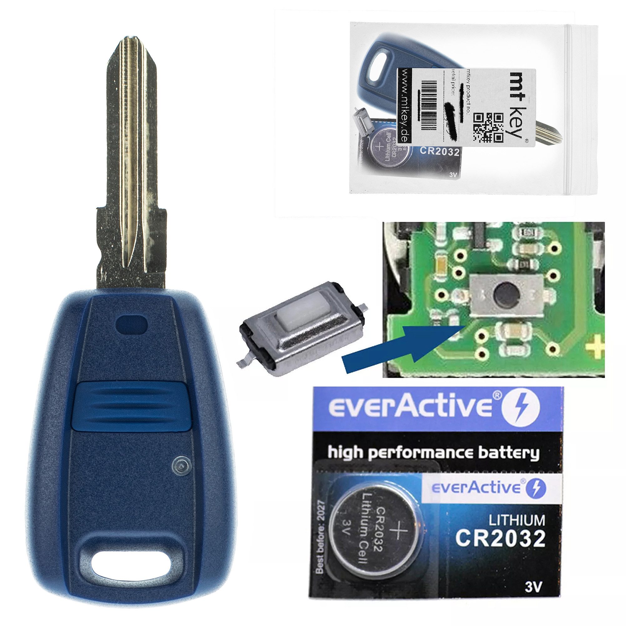 mt-key Auto Schlüssel Gehäuse + SIP22 Rohling + 1x Mikrotaster + 1x CR2032 Knopfzelle, CR2032 (3 V), für FIAT Punto Doblo Marea Panda Bravo Ducato Funk Fernbedienung