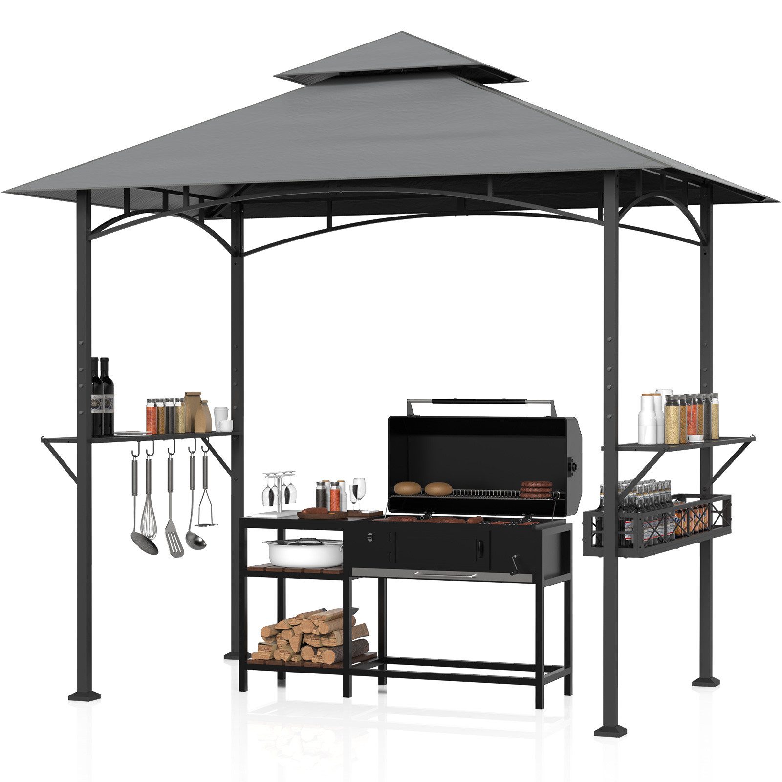 Huracan Grillpavillon Grillpavillon mit Metallkorb & Ablagen, Doppeldach, Wetterfest & Stabile Stahlkonstruktion für Garten & BBQ