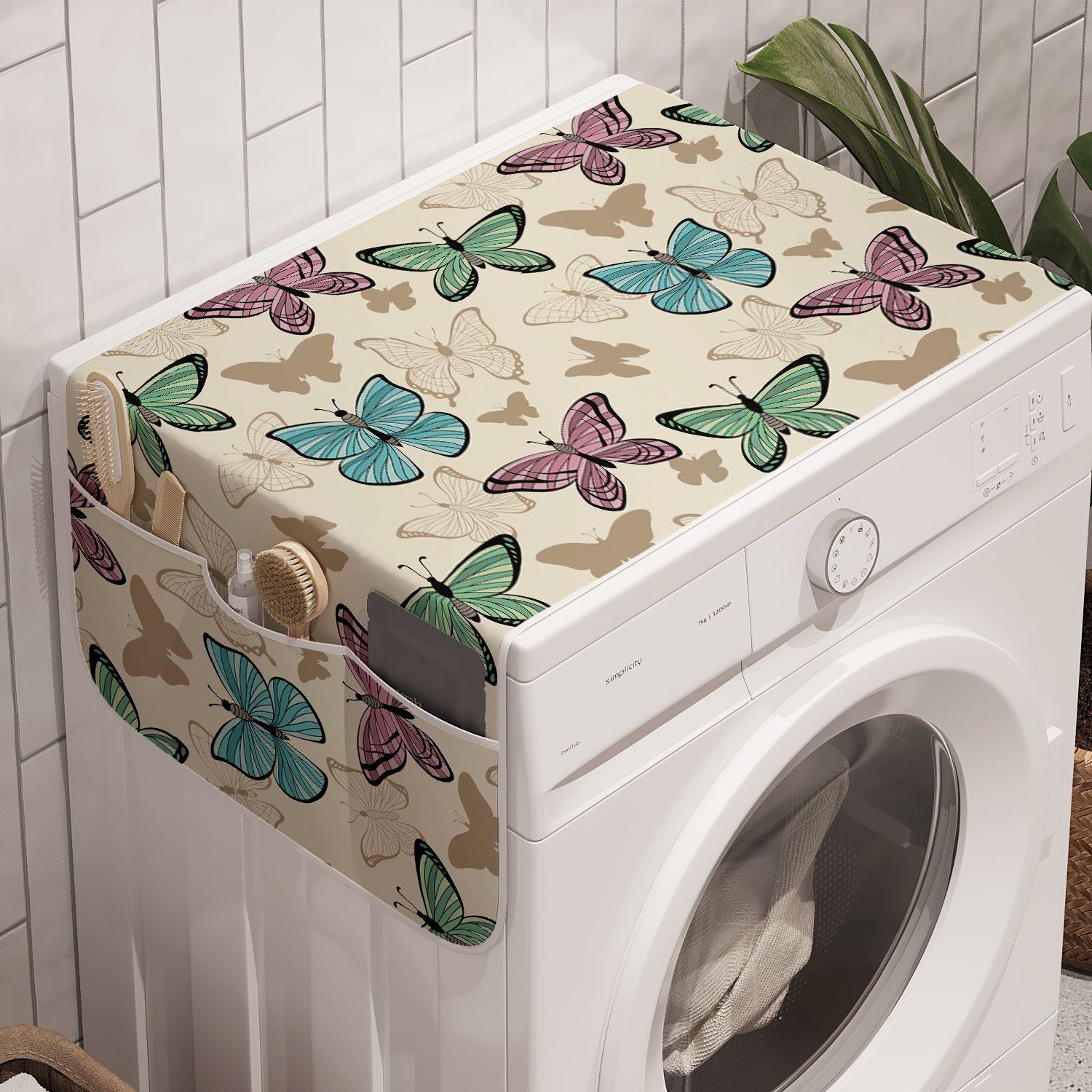 Abakuhaus Badorganizer Anti-Rutsch-Stoffabdeckung für Waschmaschine und Trockner, Blau Und Pink Schmetterlinge | Bad-Organizer