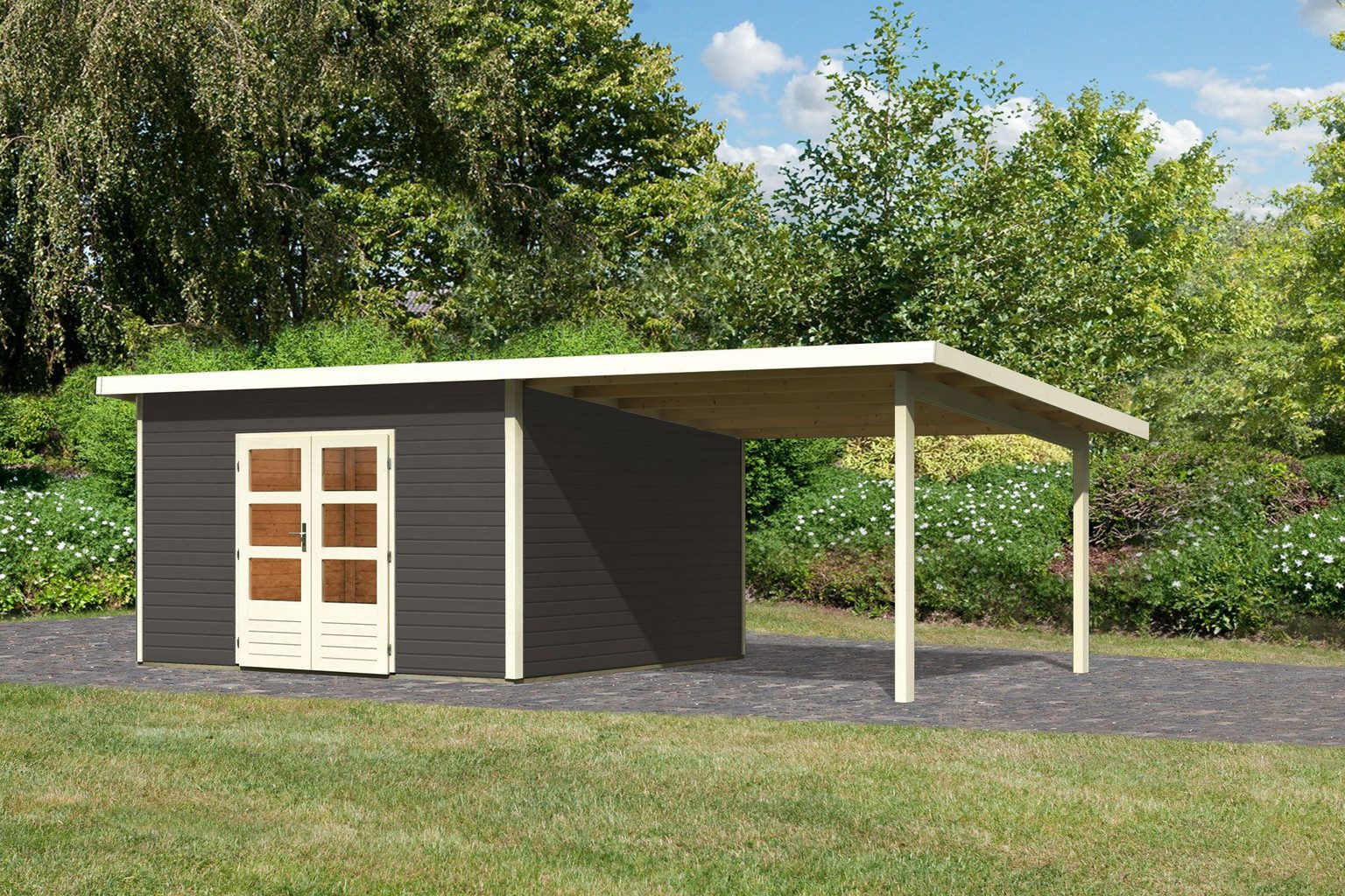 Karibu Gartenhaus Karibu Gartenhaus Northeim, 38 mm, 724 x 393 cm, Typ 5, terragrau, inkl. 3,3 m Anbaudach