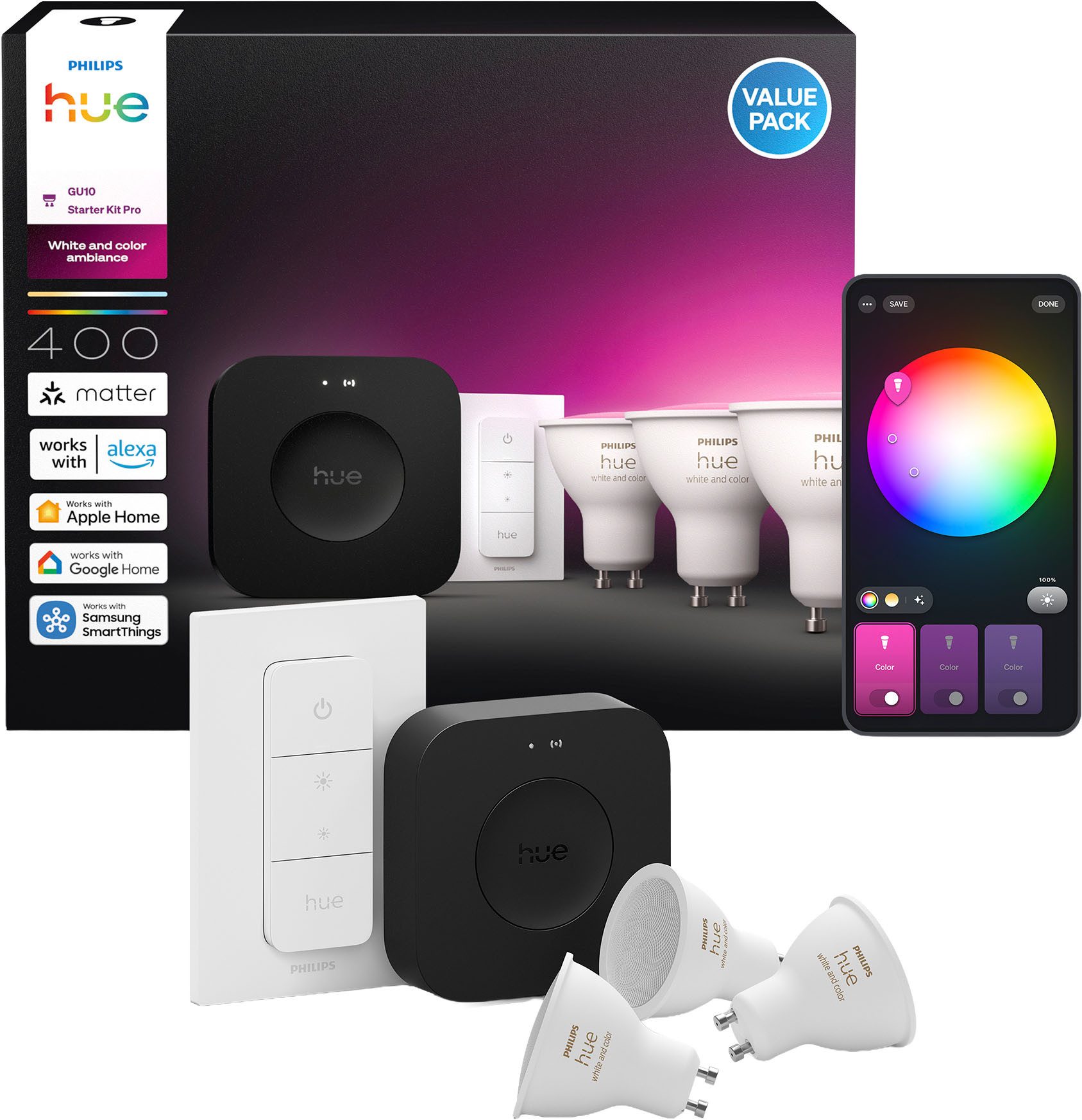 Philips Hue LED-Leuchtmittel Starter Kit Bridge Pro + 3x White & Color Ambiance + Dimmschalter, GU10, 5 St., Farbwechsler, inkl. Bridge