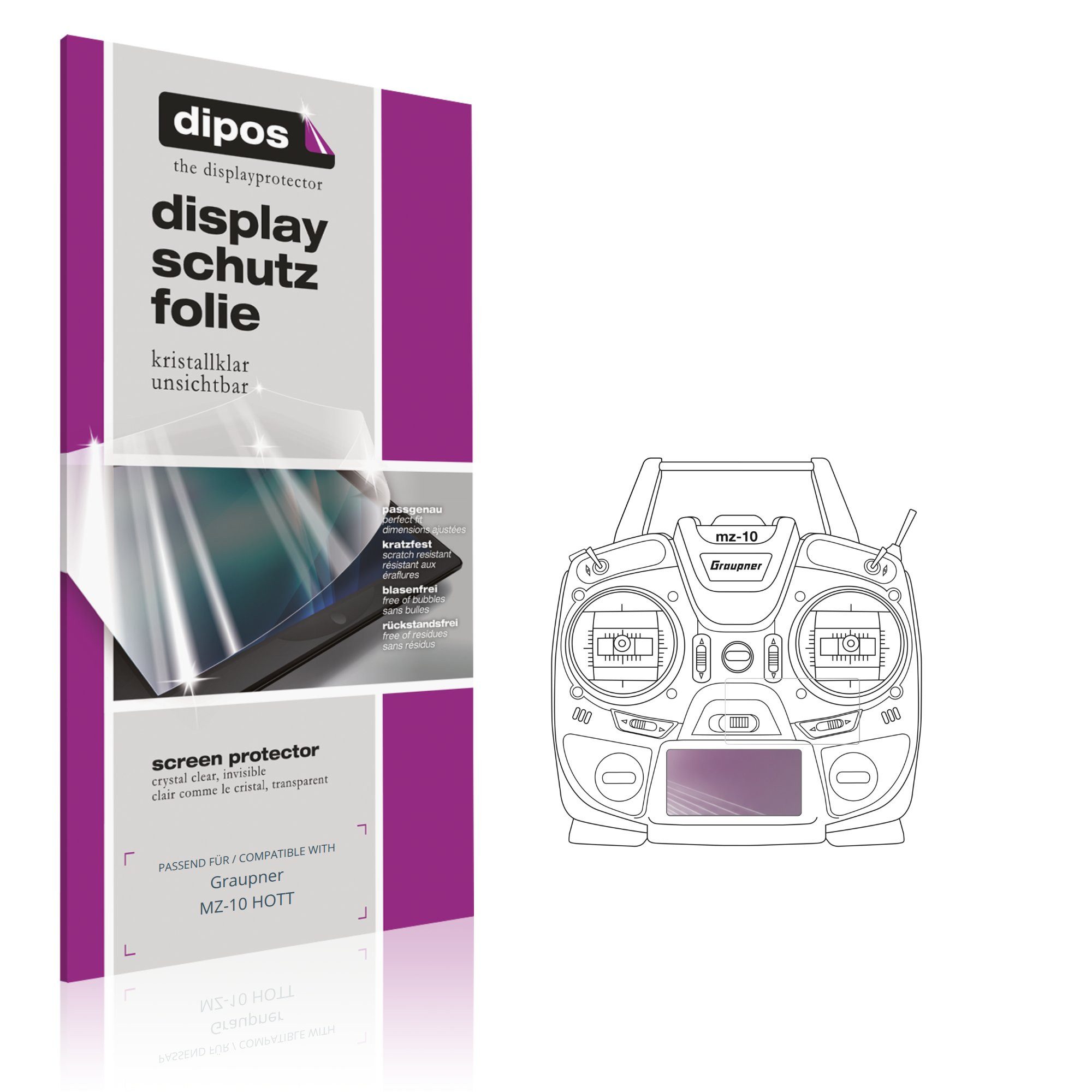 dipos Displayschutzfolie Schutzfolie für Graupner MZ-10 HOTT, 2 Stück, Displayschutz Schutz Folie Made in Germany