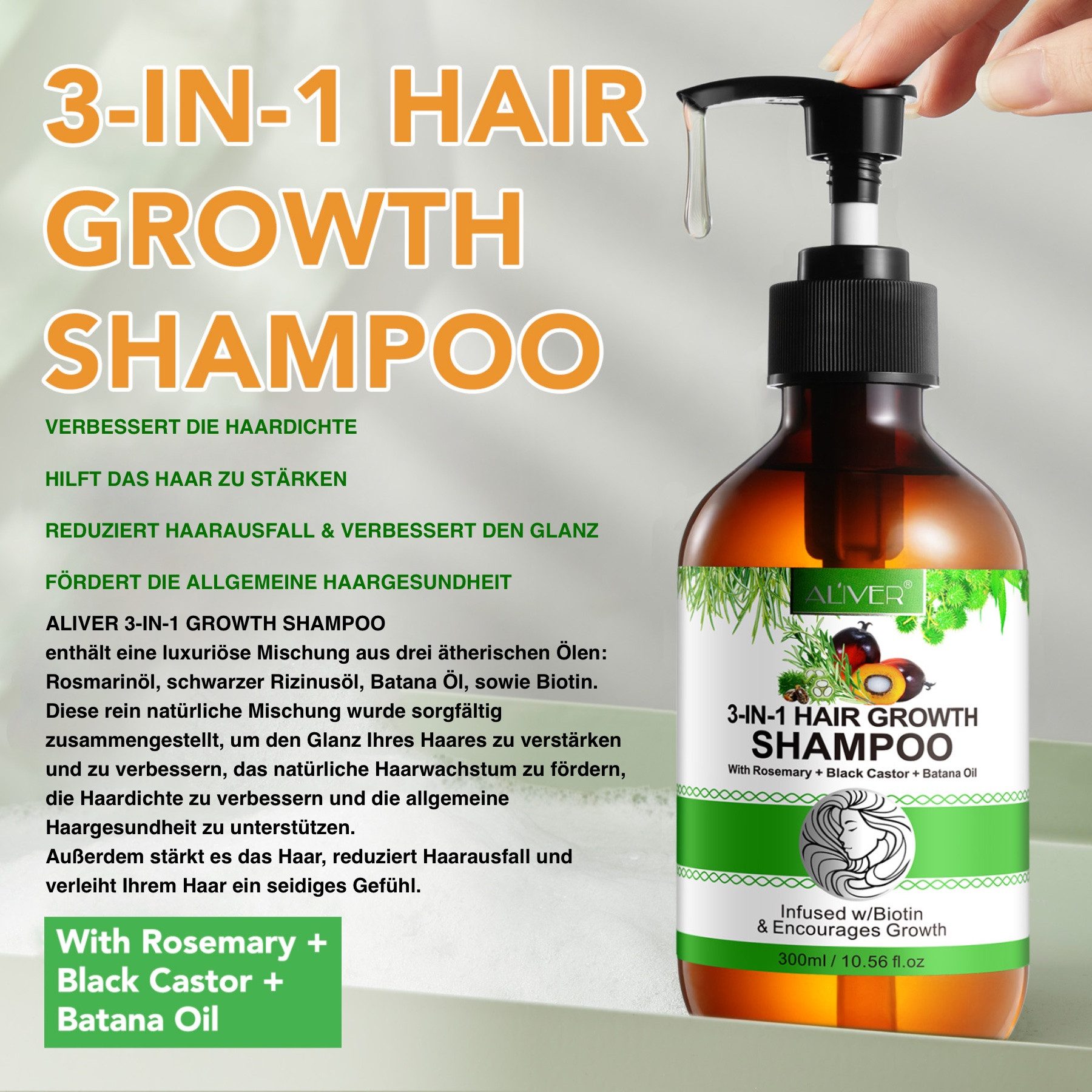 ALIVER Haarshampoo Rosmarin Rizinus Batana Öl mit Biotin für Kopfhaut Pflege Haarwachstum, 2-tlg., Anti-Frizz, Entwirrend, Feuchtigkeitsspendend, Haar-Repair, Haarwuchs