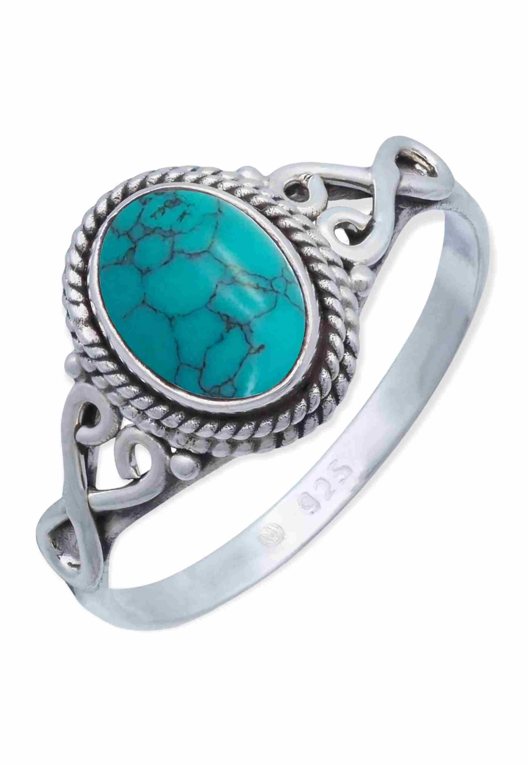 mantraroma Silberring BAGHIMI oval aus 925 Silber mit Türkis (Ring mit Schmuckbeutel), Damenring aus 925er Silber