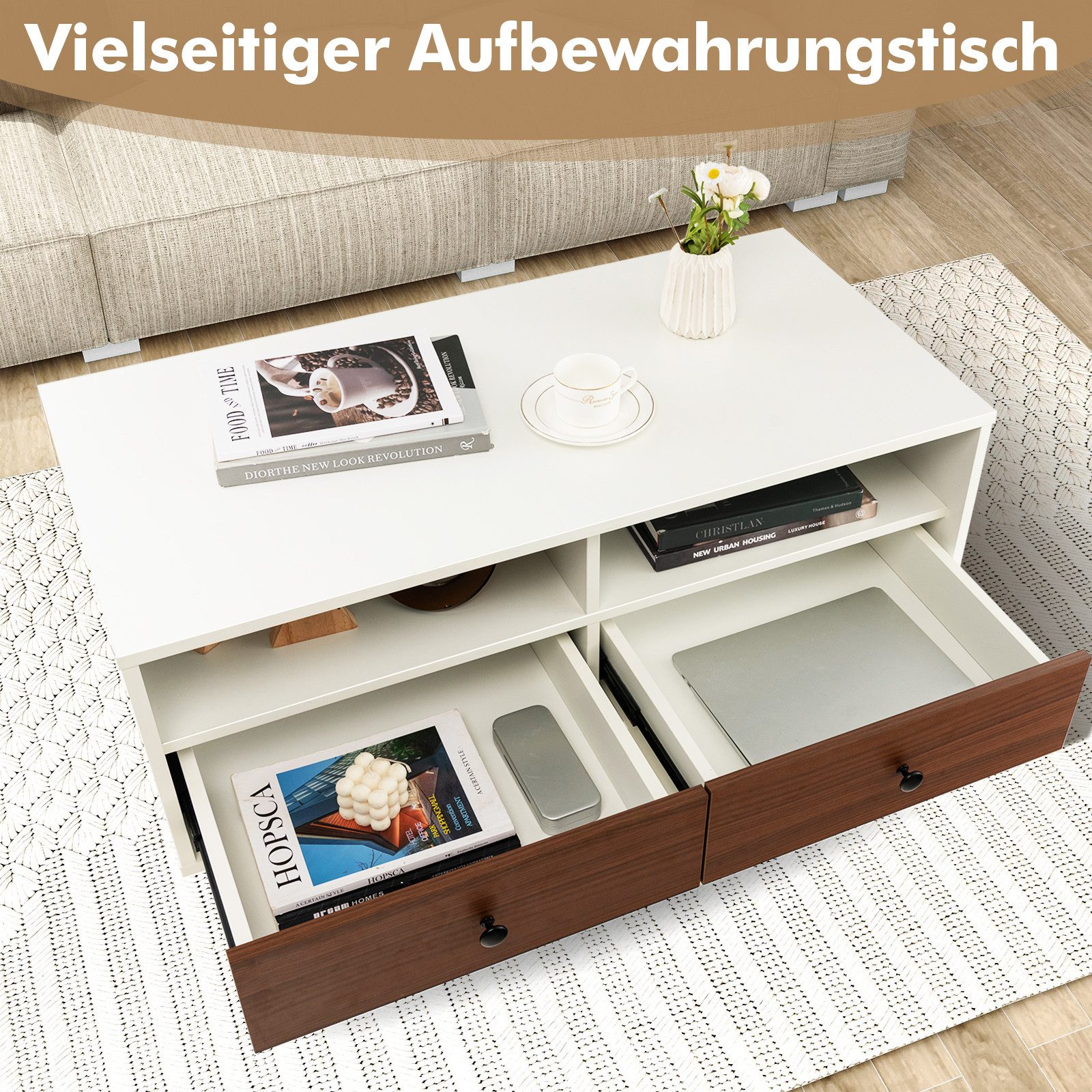 COSTWAY Couchtisch Wohnzimmertisch mit 2 Schubladen, Ablagen, rechteckig, 48x95x45cm – Bild 4 von 5