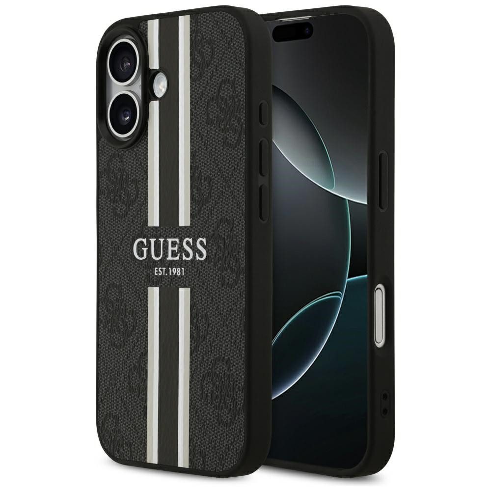 Guess Handyhülle Case iPhone 17 MagSafe Kunstleder grau Logo Streifen 6,3 Zoll, Kantenschutz