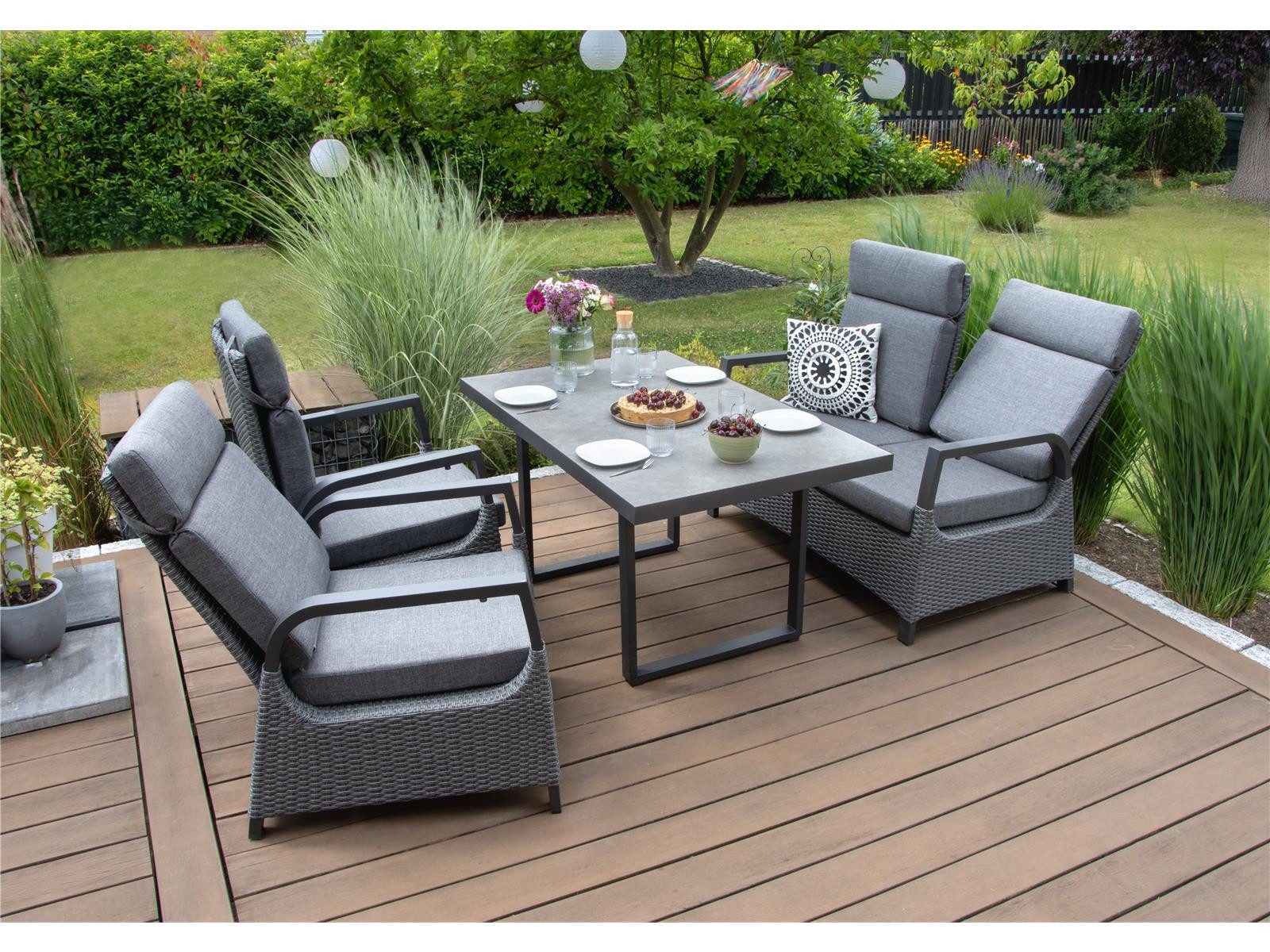 bellavista - Home&Garden® Gartenlounge-Set »Orlando« Gartenmöbel Set Alu Garnitur Outdoor Gruppe Essgruppe, (Set, 4-tlg., 1x 2-Sitzer Sofa, 2x Sessel, 1x Tisch, inkl. Auflagen), grau, Aluminium, für 4 Personen, wetterfest - Garten, Terrasse, Balkon