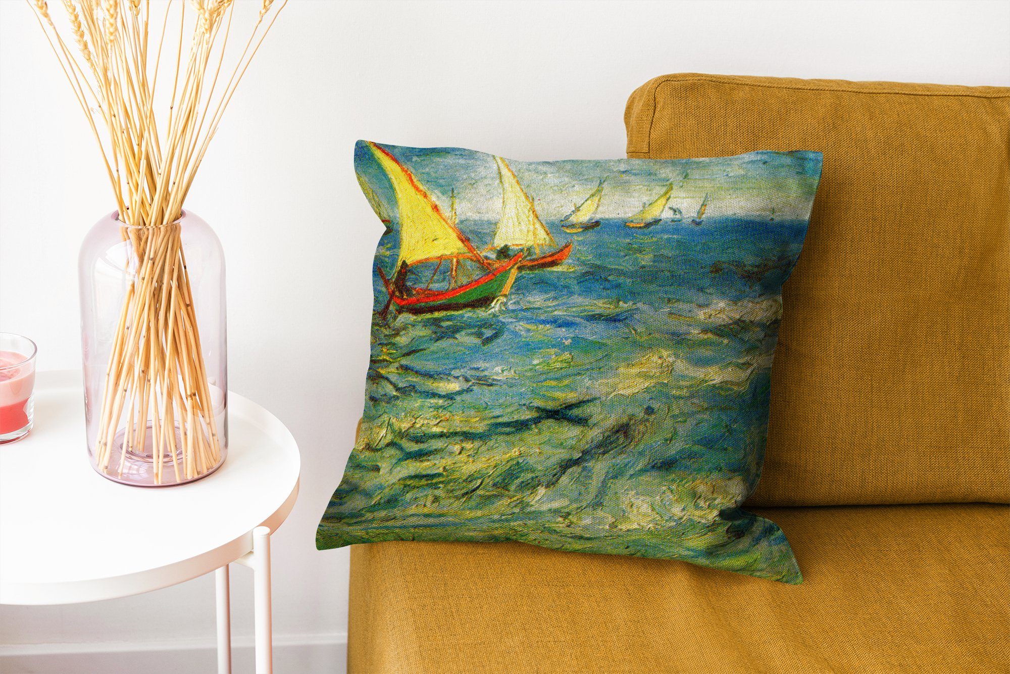 Füllung mit von van See MuchoWow auf Fischerboote Schlafzimmer, Deko, Gogh, Wohzimmer, Zierkissen Sofakissen Gemälde für Dekokissen - Vincent