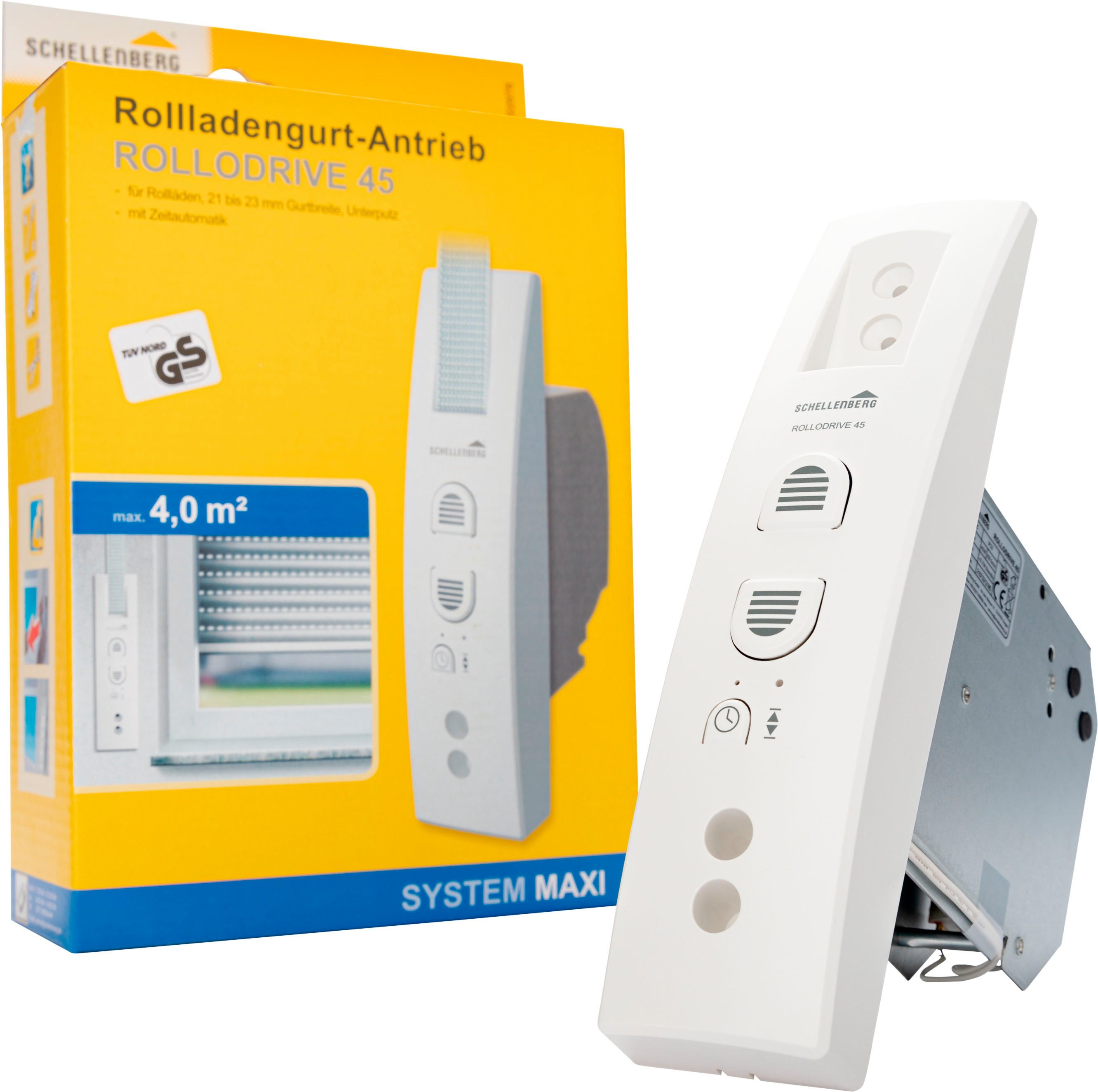 SCHELLENBERG Rollladengurt-Antrieb Unterputz, elektrischer Gurtwickler RolloDrive 45, Lochabstand 135 oder 165 mm, 1-tlg., bis 4 m² Fläche und 12 kg Zugkraft, Rollladensystem Maxi