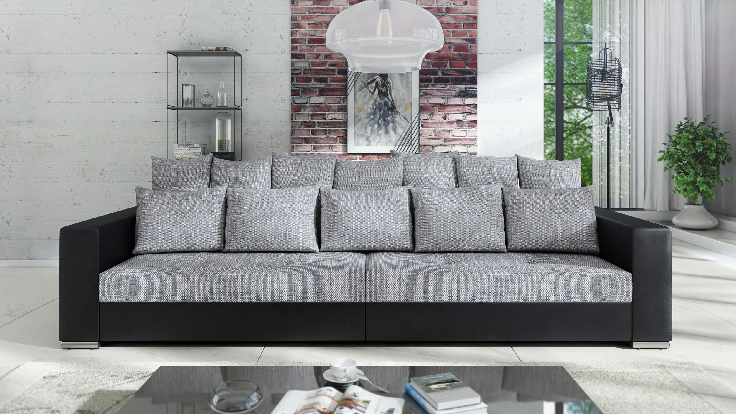 2 Jumbo Sofa Sofa Sofa Schwarz Hellgrau, Küchen-Preisbombe Wohnlandschaft Modernes XXL Big Couch -