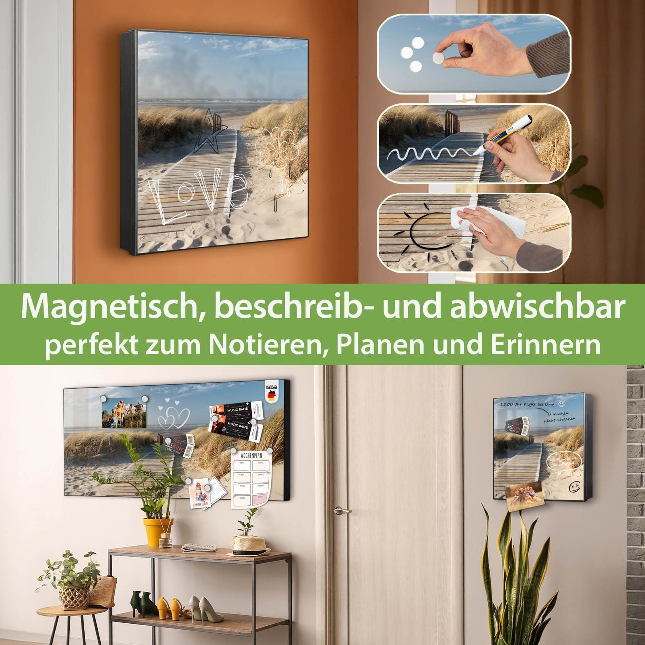 banjado Schlüsselkasten aus Metall mit Motiv Dünen (Stahl Gehäuse, mit 32 Haken, beschreibbar & magnetisch), 30 x 30 x 5 cm