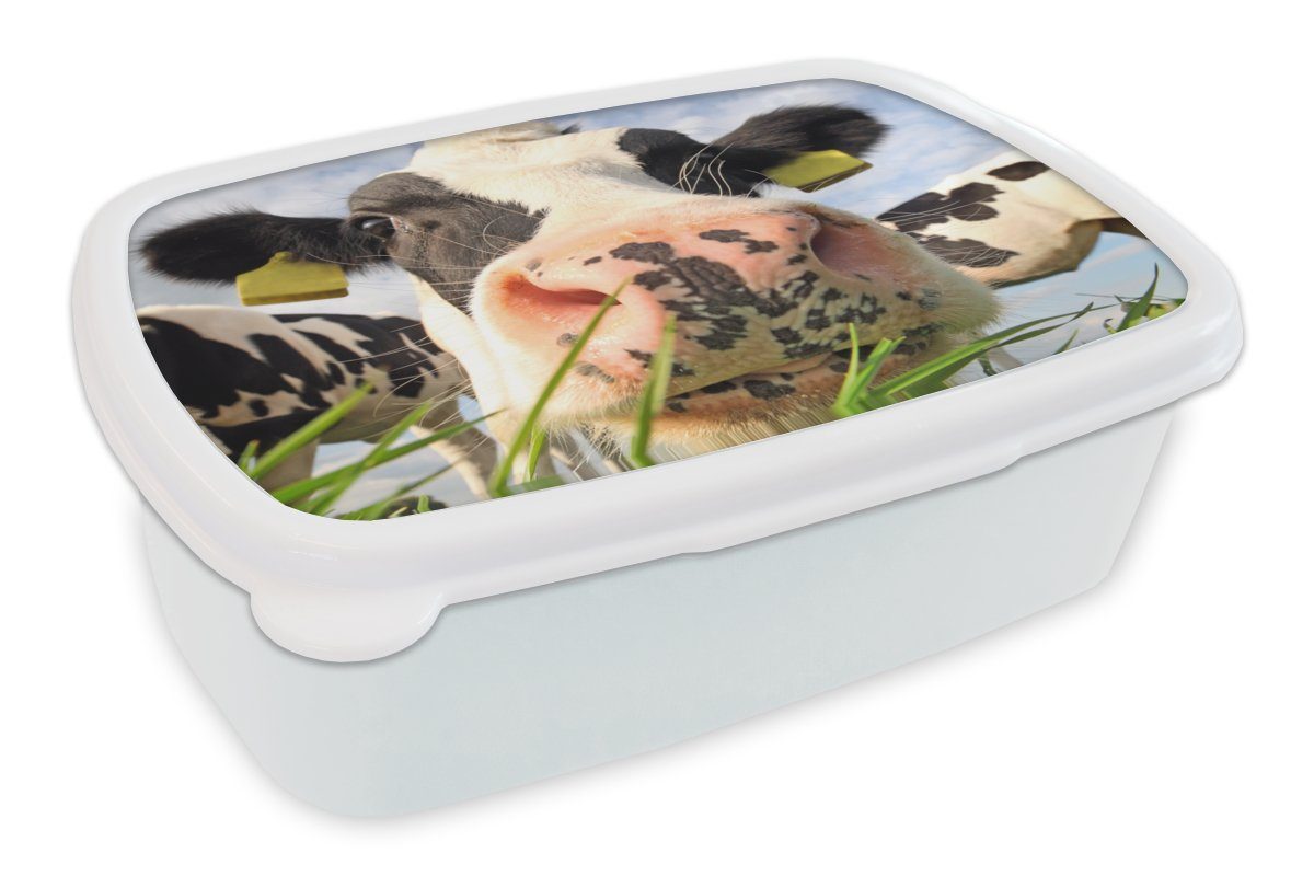 MuchoWow Lunchbox Kuh - Bauernhof - Gras - Tiere, Kunststoff, (2-tlg), Brotbox für Kinder und Erwachsene, Brotdose, für Jungs und Mädchen weiß