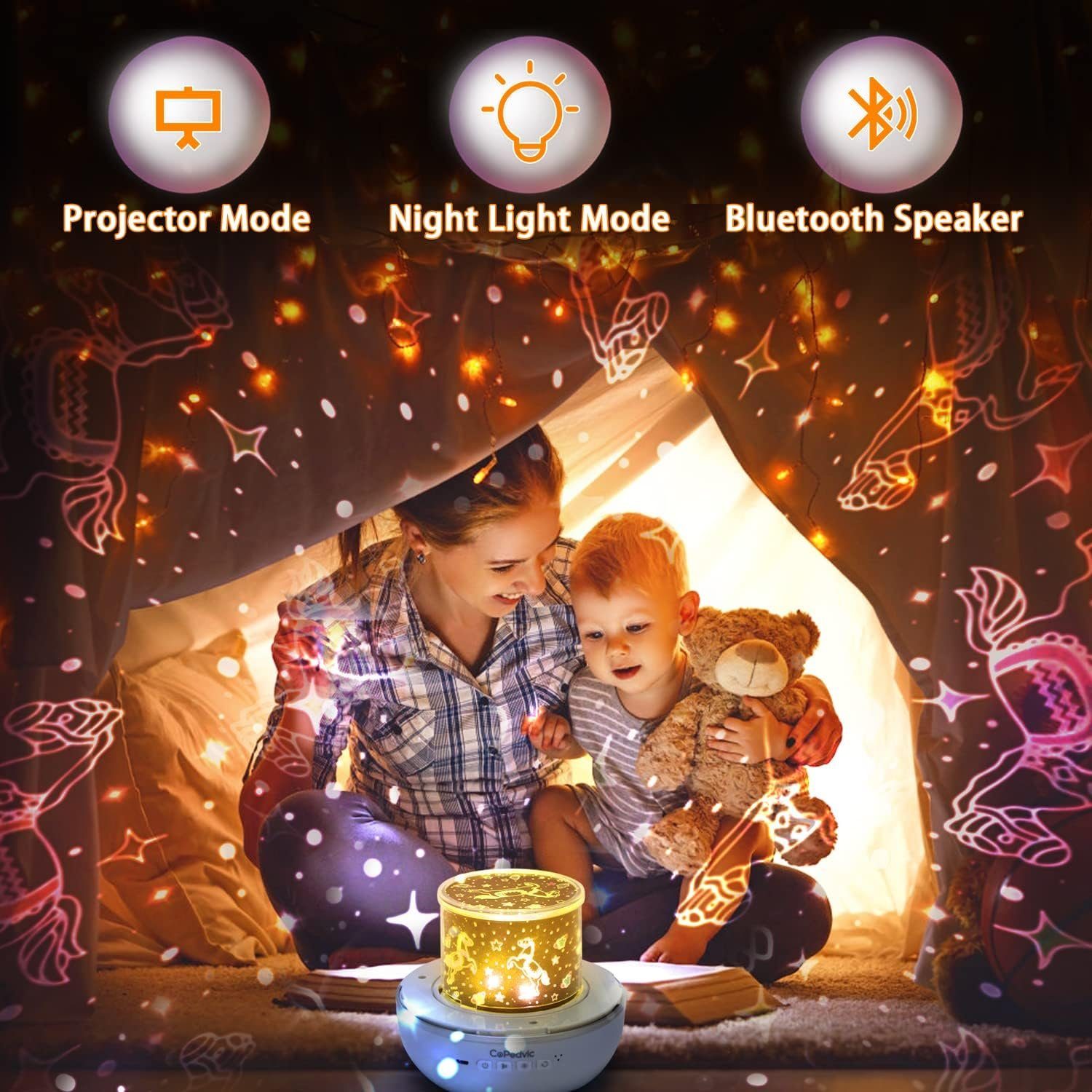 3 integriert, USB Leuchtmodi, 6 von fest beim Sternenhimmel LED Projektor Nachtlicht Daskoo Drehen Lampe Kinder Apfel, Projektionseffekten Arten Aufladen,