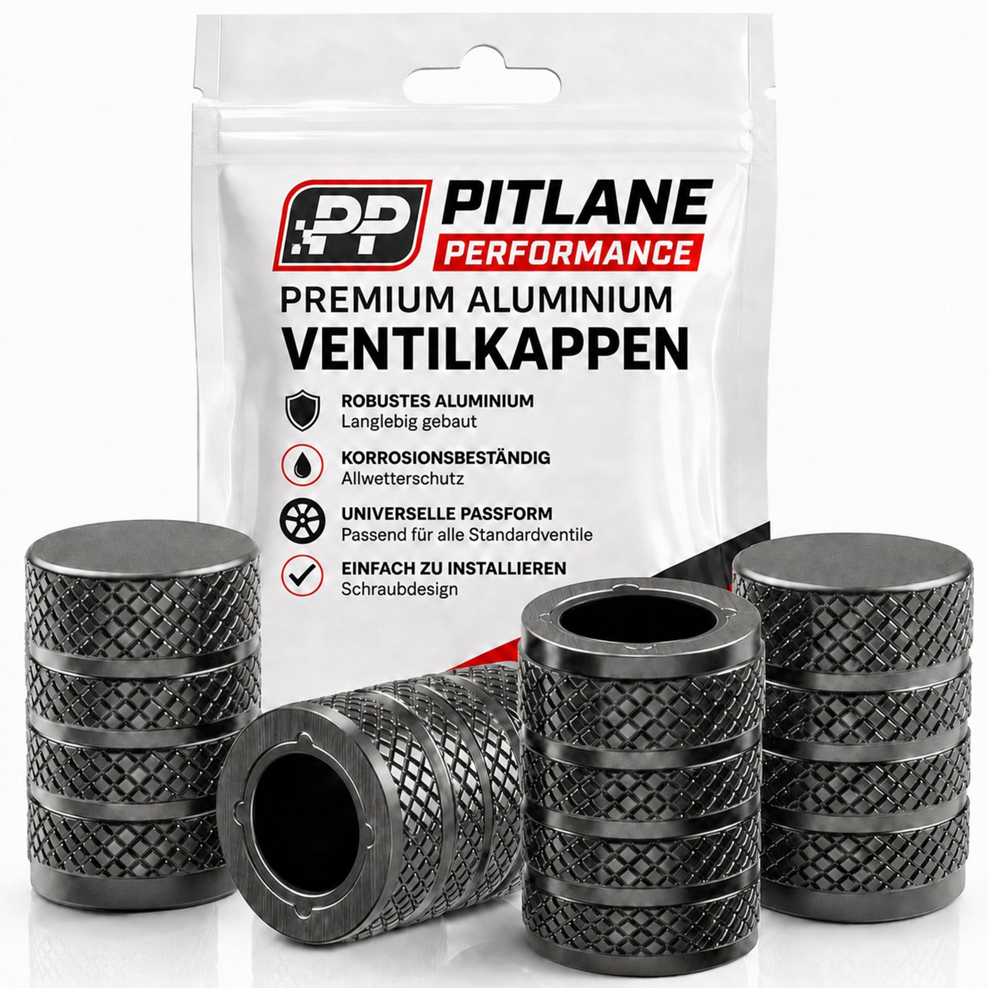 Pitlane Performance Ventilkappe Alu-Ventilkappen für Schrader-Ventile, (Ventilkappen-Set, 4-St., 4 Stück aus Aluminium), Korrosionsschutz und innenliegende Dichtung