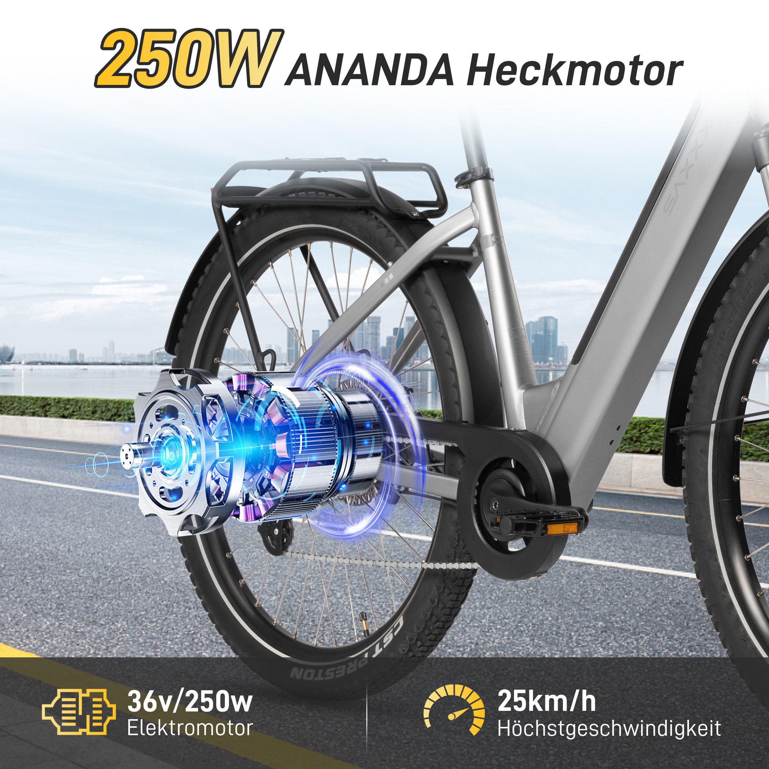 SAXXX E-Bike Cityrad Damen Herren 28x2,35'' Citybike, SAXXX SUV Pedelec, 468Wh, max.120km, 7 Gang SHIMANO Altus Schaltwerk, Hinterradmotor, 468 Wh, (mit abnehmbarem Akku, mit Gepäcktrager, vormontiert zu95), Elektrofahrrad Unisex, RH: 45cm, E-Citybike mit 250W Heckmotor