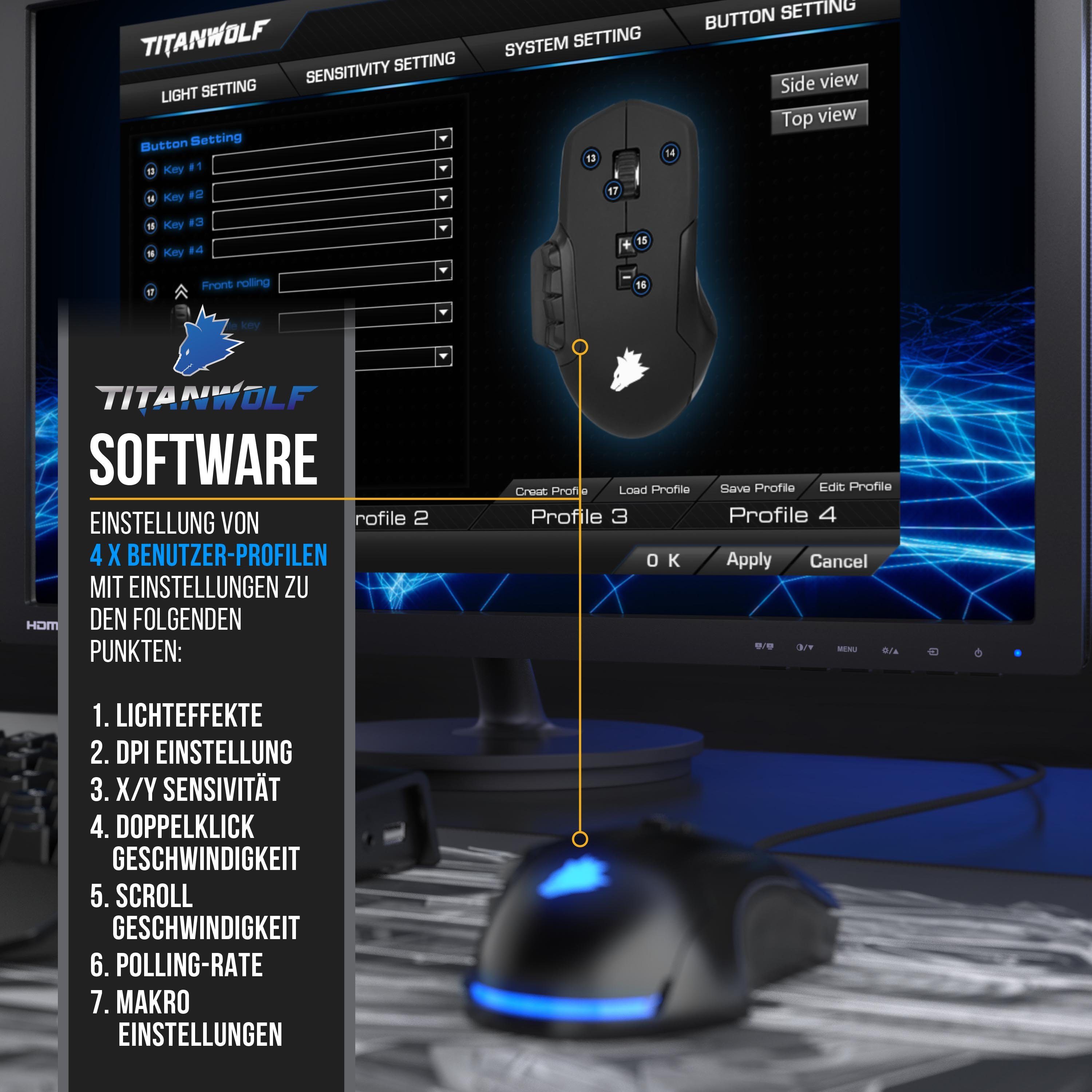 Titanwolf Gaming-Maus (kabelgebunden, 1000 Tasten Daumen MMO dpi, Gaming / dpi) "System" Auswechselbare 10000 Maus
