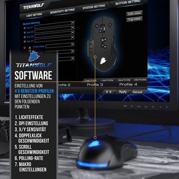 Titanwolf Gaming-Maus (kabelgebunden, 1000 dpi, MMO Gaming Maus "System" Auswechselbare Daumen Tasten / 10000 dpi)