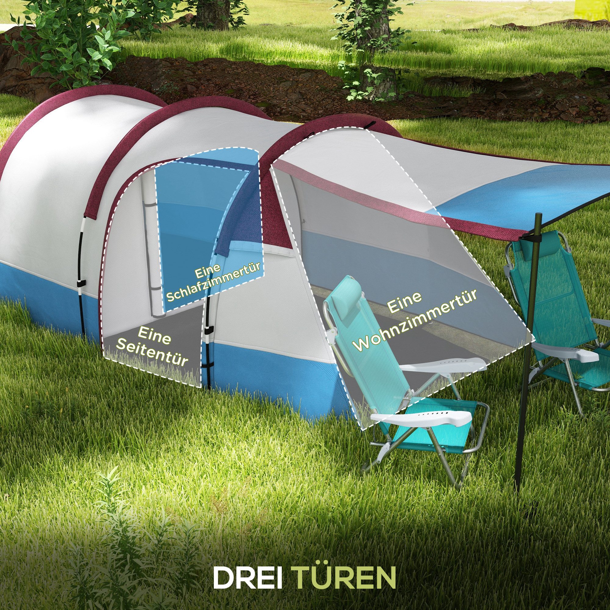 CHICFURN Tunnelzelt Campingzelt für 3 Personen, mit Vorzelt, 2 Räumen, Lichthaken, Personen: 4 (Packung, 1 tlg., Winddichtes Familienzelt, 2000 mm wasserabweisend, inkl. Tragetasche), Für Camping, Garten und Outdoor, Farbe Rot