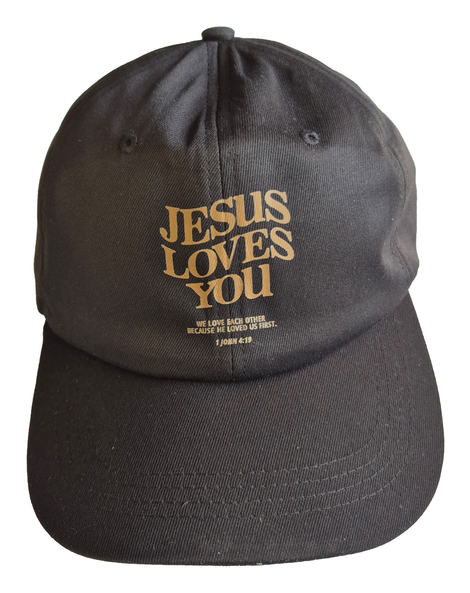 Einkaufszauber Schirmmütze Baseball Cap Schirmmütze "Jesus loves you" Schwarz besonders langer Schirm für guten Sonnenschutz