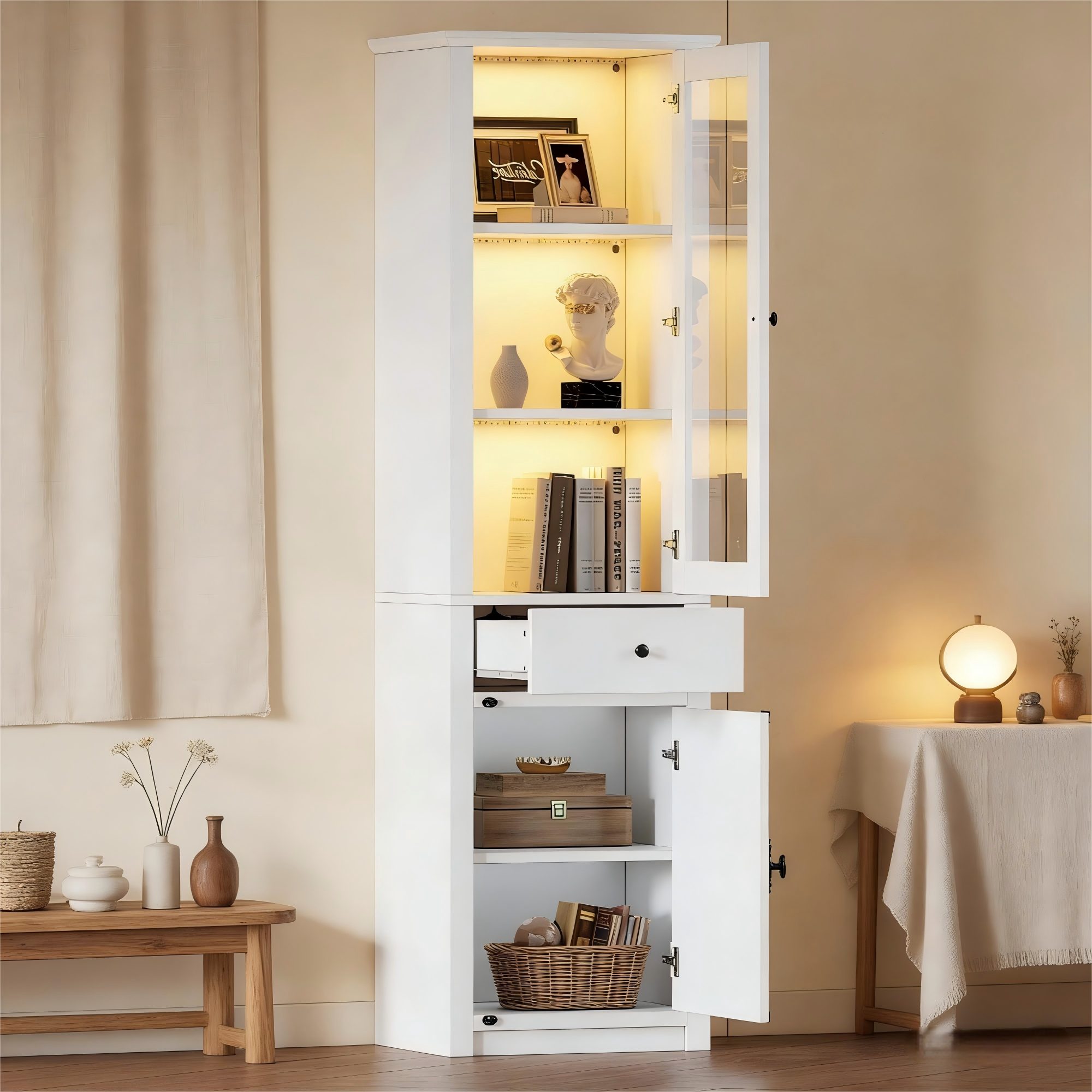 Merax Glasvitrine mit LED, Vitrine schmal Hochschrank (Wohnzimmerschrank, Bücherregal, Aufbewahrungsschrank, 1-St., 40x55x200cm) Standvitrine mit 3 Glasböden, 1 Glastüren, 1 Holztür und Schublade