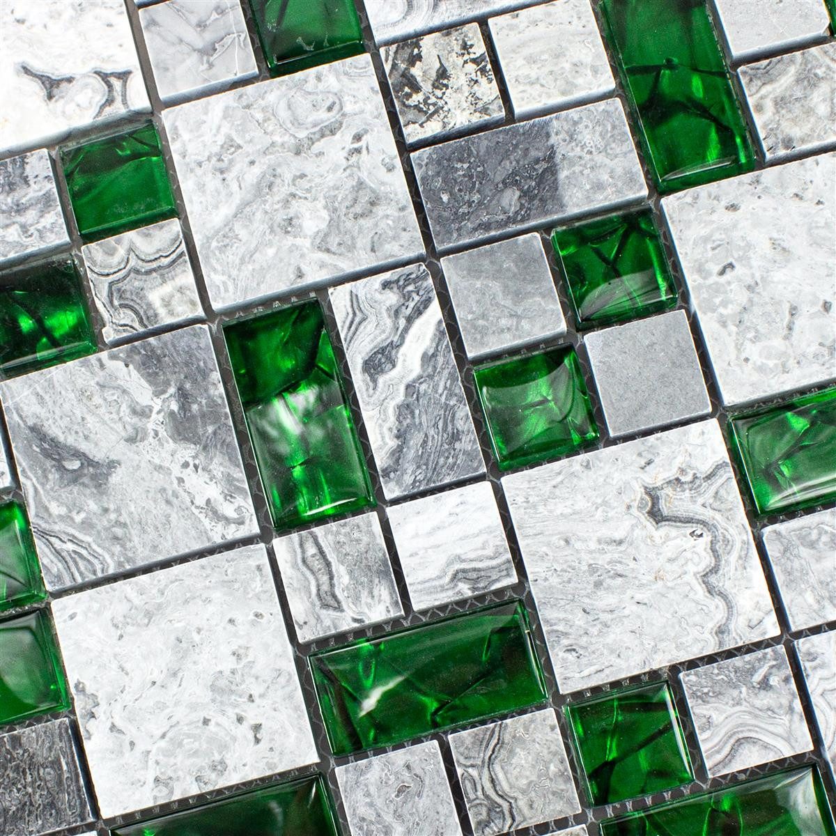 Mosafil Mosaikfliesen Glas Naturstein Mosaik Fliesen Sinop 2 Mix, Naturstein-Glas-Marmor 30.000x30.000, grau-grün, Verlegefertig auf ein Netz geklebt - Wasserfest