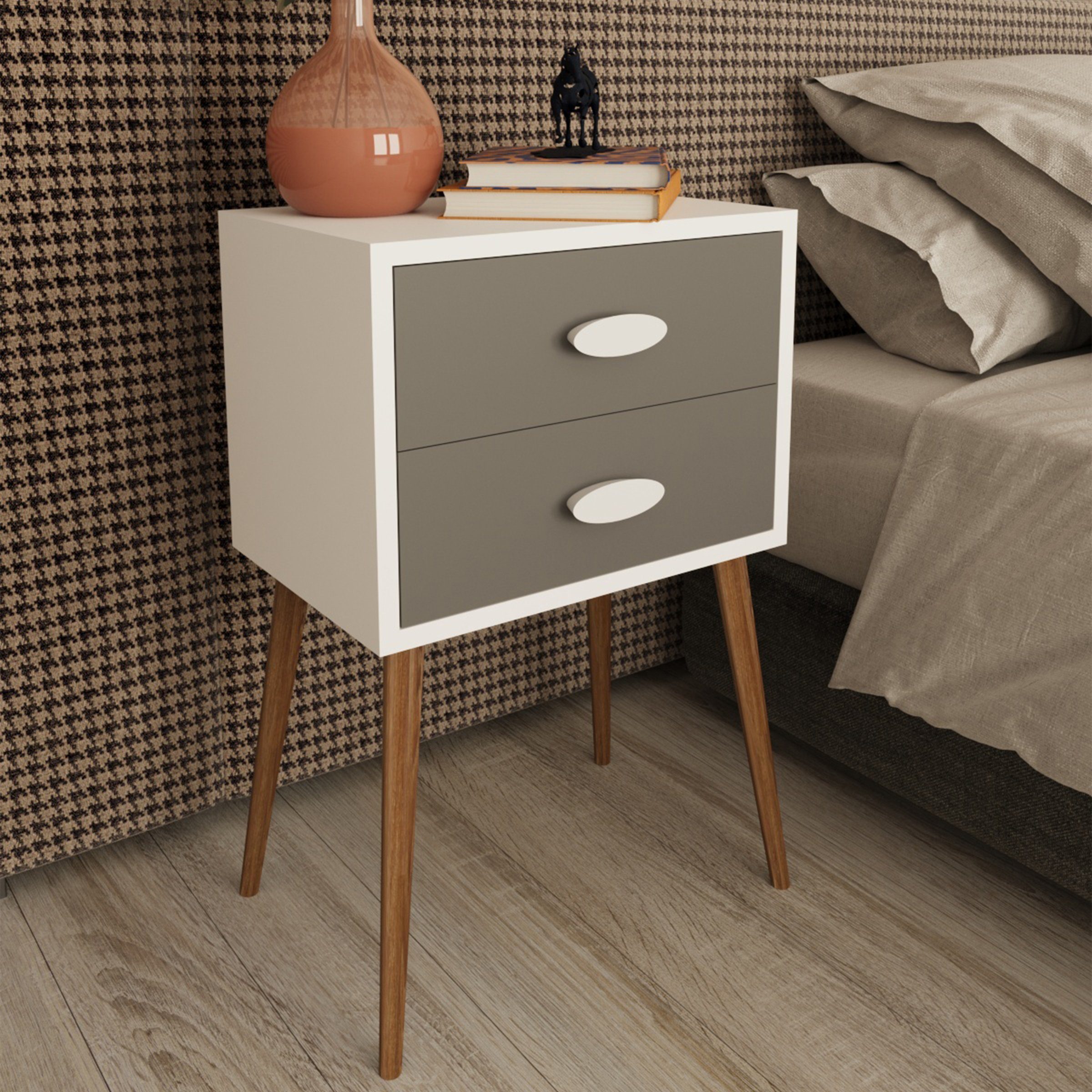 VCM Nachttisch Nachtkonsole Singol H. 70 x B. 45 x T. 30 cm, Nachtschrank, Beistelltisch mit Schubladen, Nachtkommode