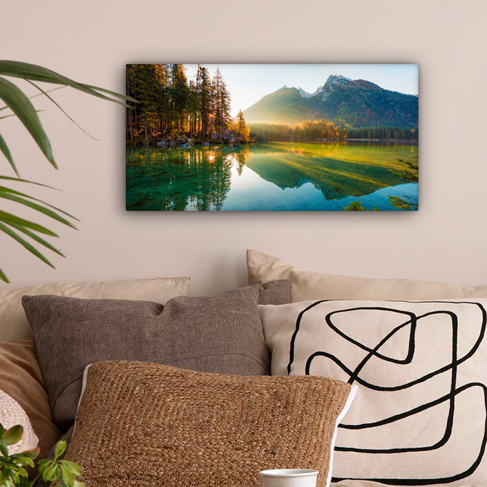 OneMillionCanvasses® Leinwandbild Panorama See - Wald - Berge - Natur - Son günstig online kaufen