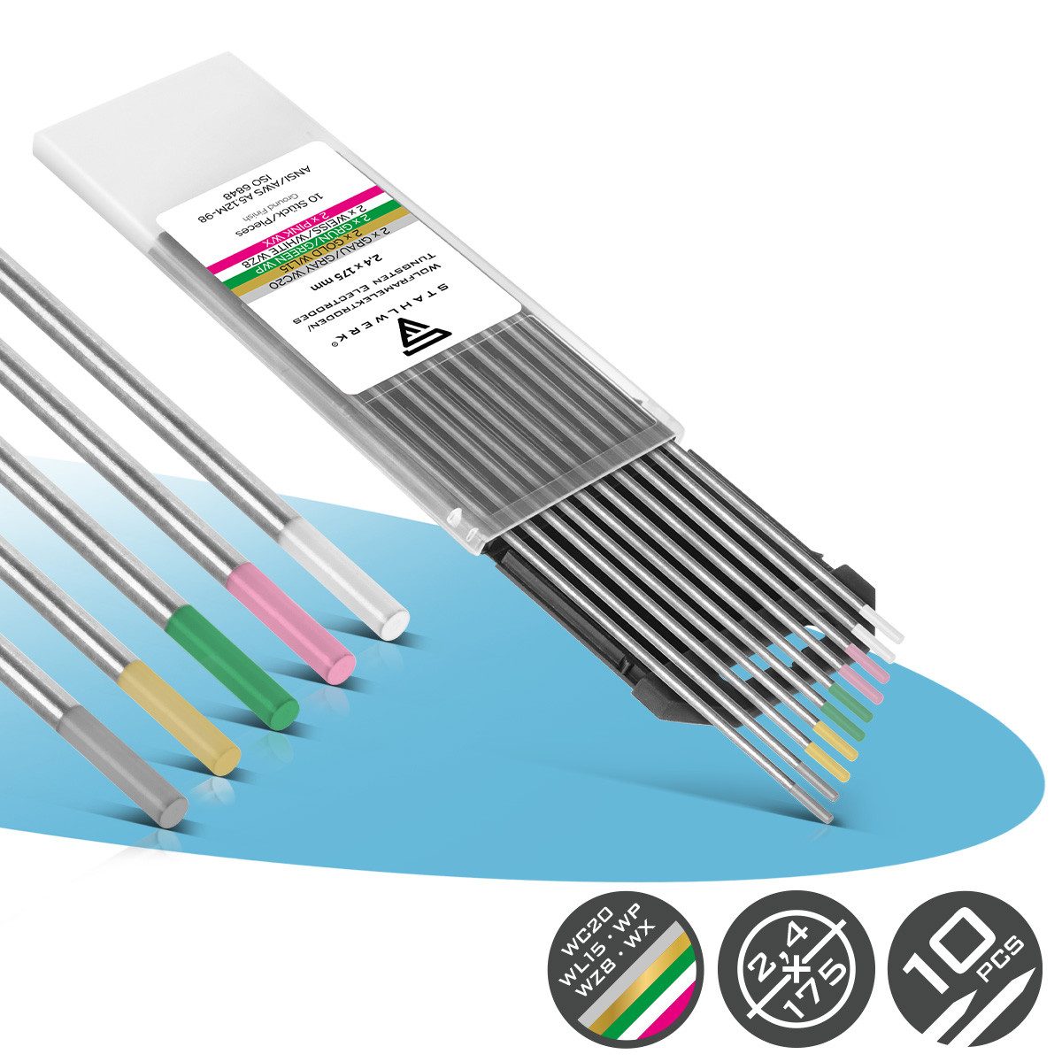 STAHLWERK Stabelektroden 10 x WIG Wolframelektroden 2,4 mm versch. Sorten, (Packung), beste Schweißeigenschaften sorgen für ein perfektes Arbeitsergebnis.