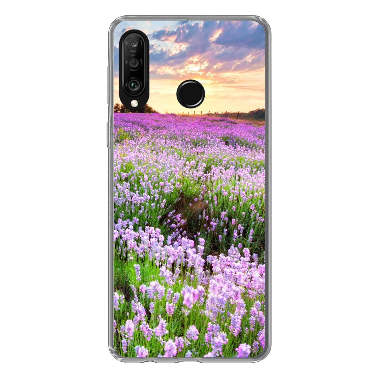 MuchoWow Handyhülle für Huawei P30 Lite Blumen - Lavendel - Lila - Himmel - Sonnenuntergan, Handy Case, Silikon, Bumper Case Dünn