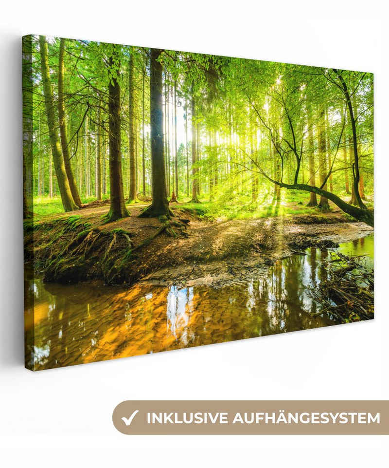 OneMillionCanvasses® Leinwandbild Wald - Landschaft - Wasser - Bäume - Sonne - Grün - Natur, (1 St), Wandbild Leinwandbilder, Aufhängefertig, Wanddeko, 30x20 cm