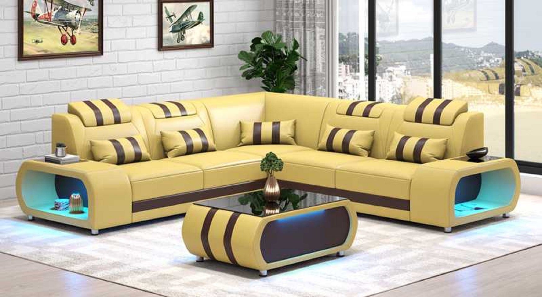 Luxus JVmoebel 3 Eckgarnitur Beige Sofa in LED, Teile, Made Couch Ecksofa L Ecksofa Europe Moderne Form