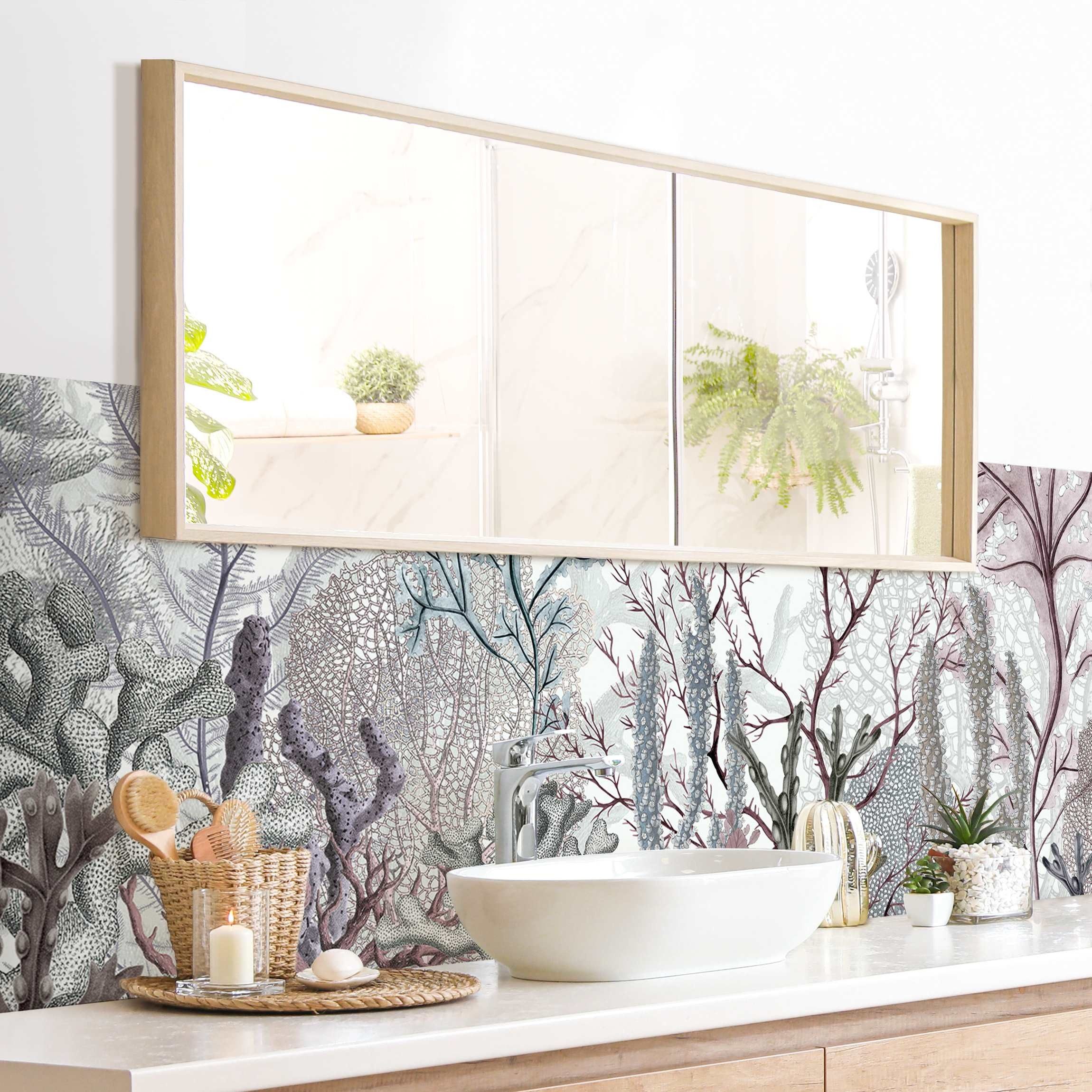 Bilderdepot24 Badrückwand violett fugenlose Wandverkleidung Bad modern, (Hartfolie matt » Selbstklebend SMART 0,35 mm), wasserfestes Wandpaneel Magische Korallenpracht