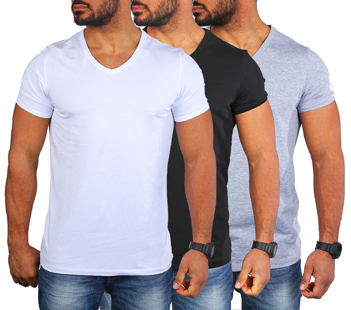 T-Shirt Herren Uni Basic tief-breit geschnittener V-Ausschnitt v-neck 4644