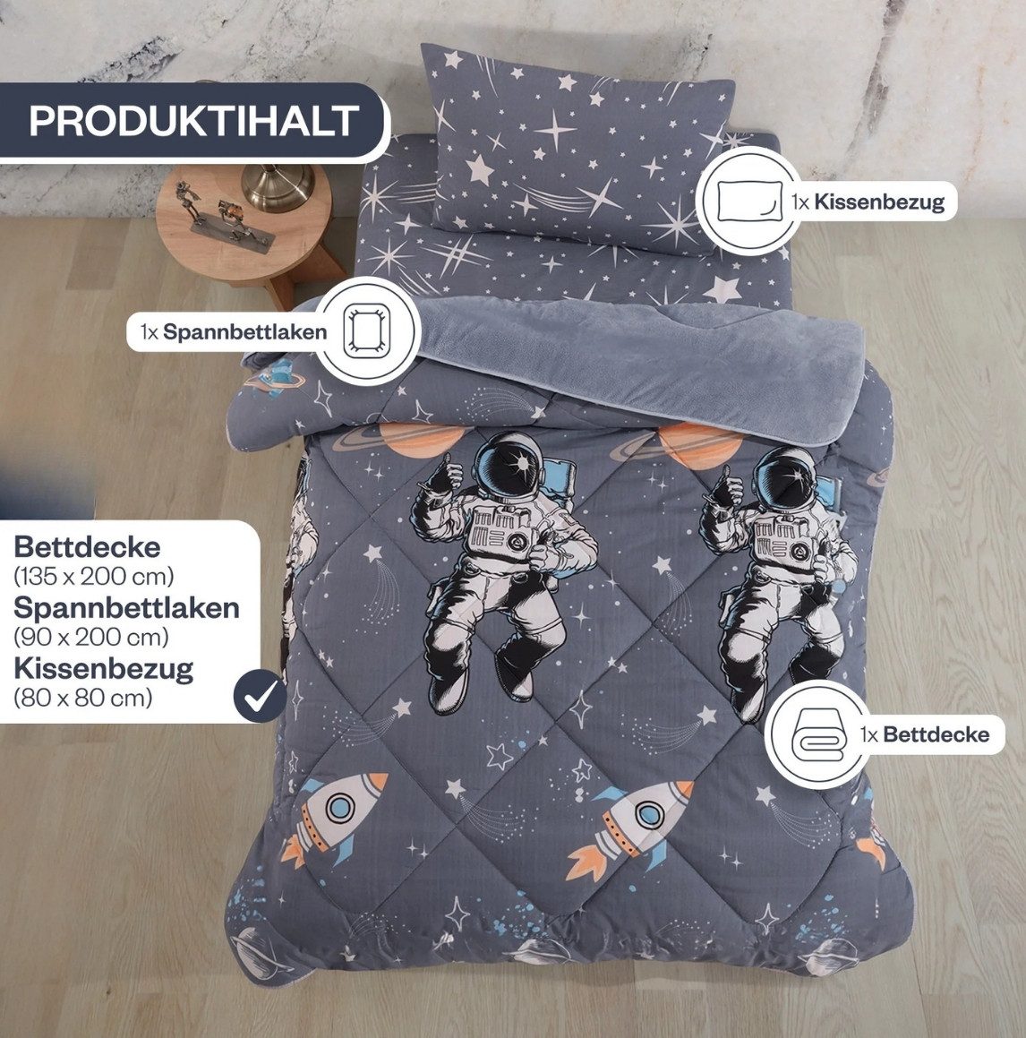Formeya Kinderbettwäsche Astronauten Kinderbettwäsche Set 135x200 cm mit Wendedecke