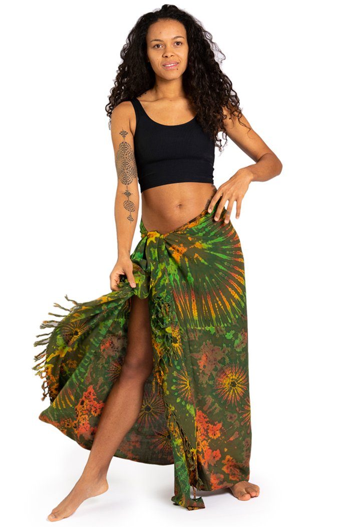 PANASIAM Pareo Sarong TieDye Design aus leichter Viskose Strandtuch Wrap, Strandkleid Bikini Cover-up Tuch für den Strand Schultertuch Halstuch grün bunt | Tücher