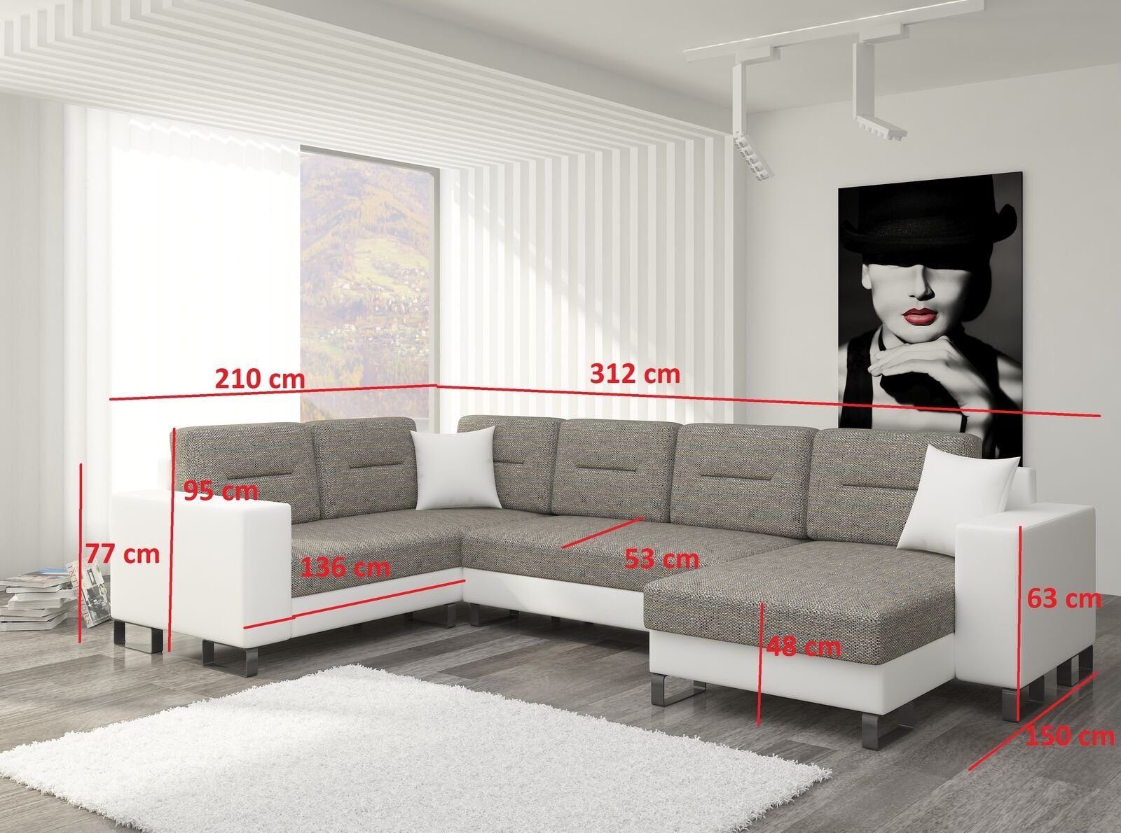 Moderne Ecksofa Wohnzimmer Polster U U Couch Form Eck Grau/Weiß Wohnlandschaft JVmoebel Ecksofa,