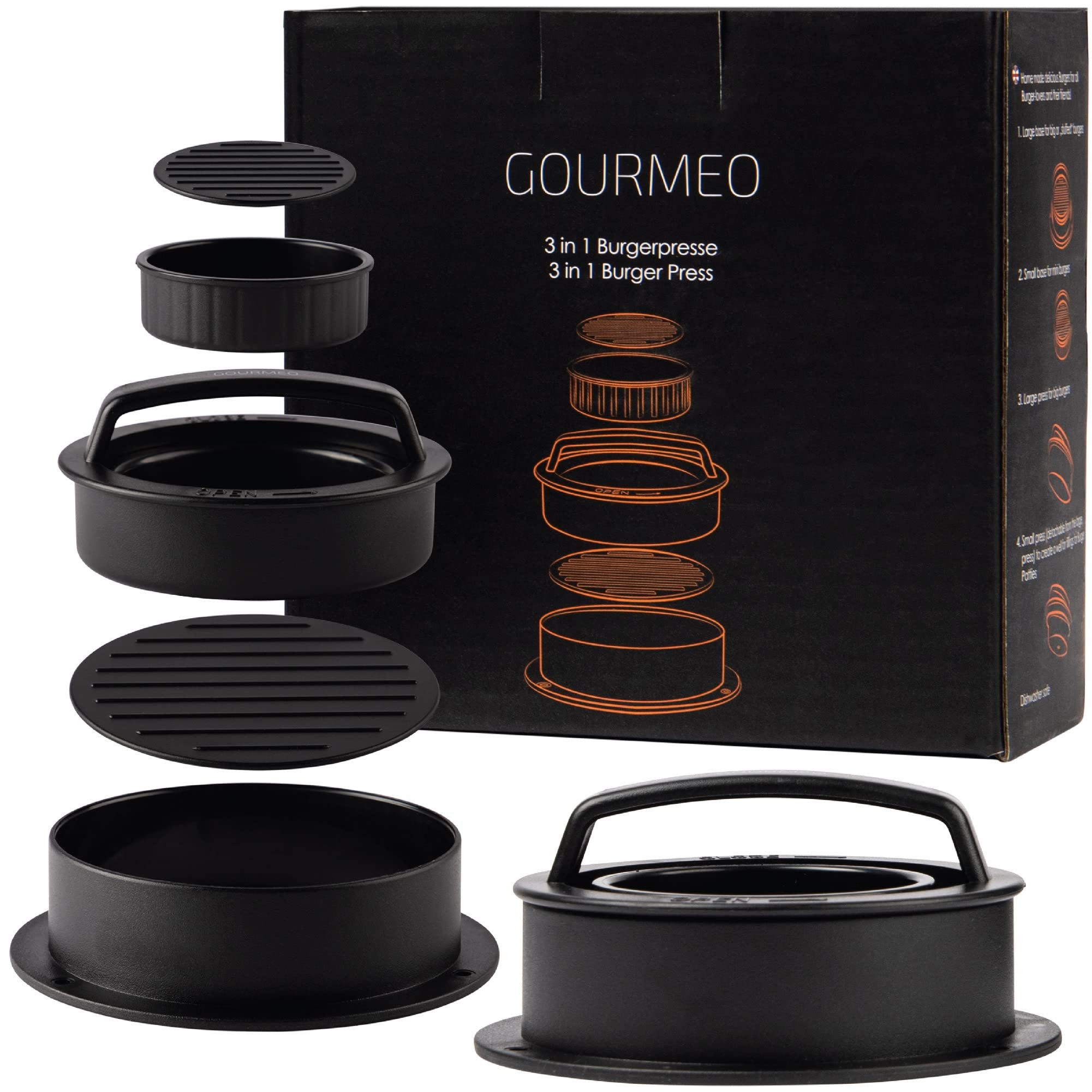 GOURMEO Burgerpresse 3 in 1 Burgerpresse mit 50 Blatt Antihaftpapier