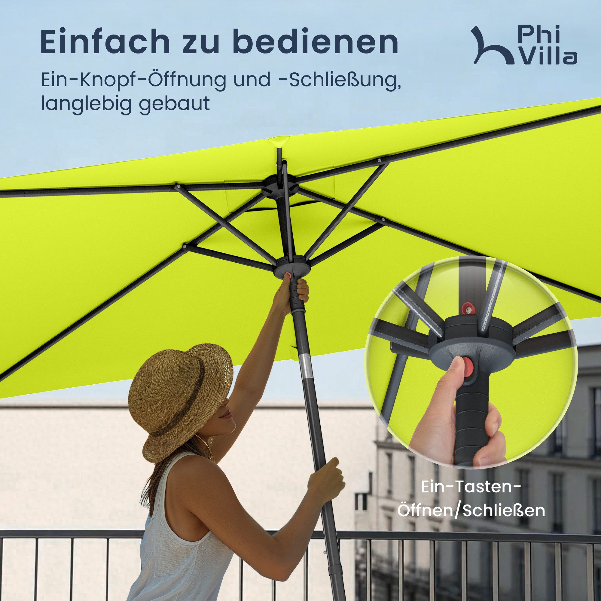 PHI VILLA Sonnenschirm, LxB: 210x130 cm, Regenschirm Eckig mit Klemme für Balkon, Gartenschirm Kippbar Windfest Stabil zum Mitnehmen UV50+ Schutz
