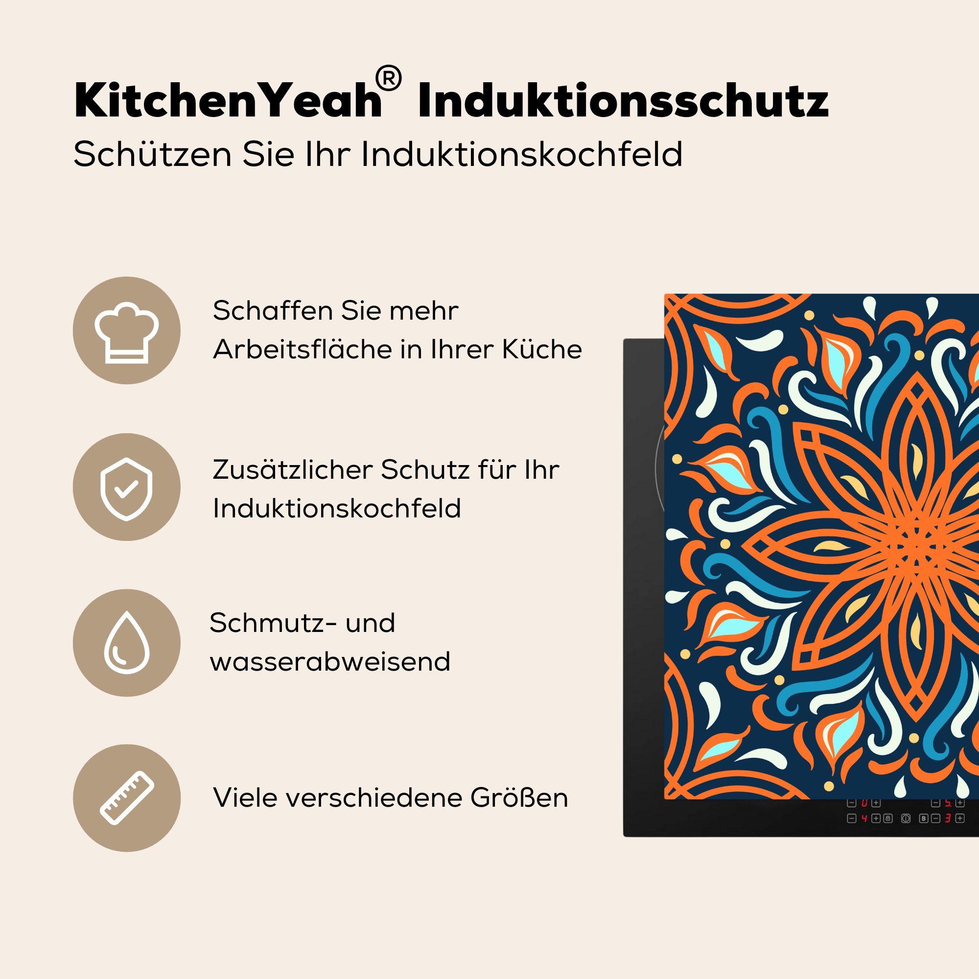 MuchoWow Herdblende-/Abdeckplatte Blume tlg), (1 Orange, Ceranfeldabdeckung, Blätter cm, Arbeitsplatte küche Vinyl, für - 78x78 