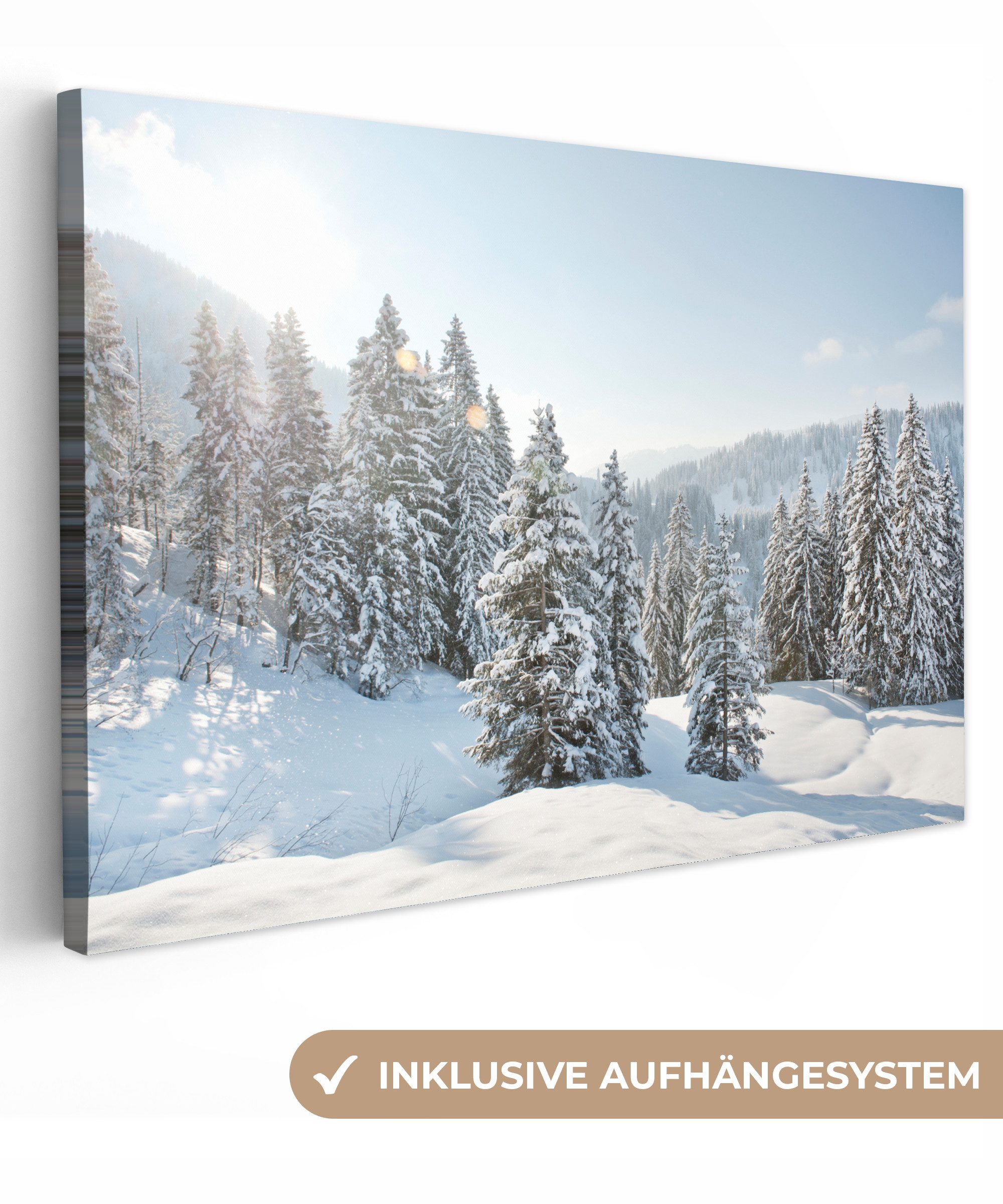 OneMillionCanvasses® Leinwandbild Die Sonne scheint auf die verschneiten Bä günstig online kaufen