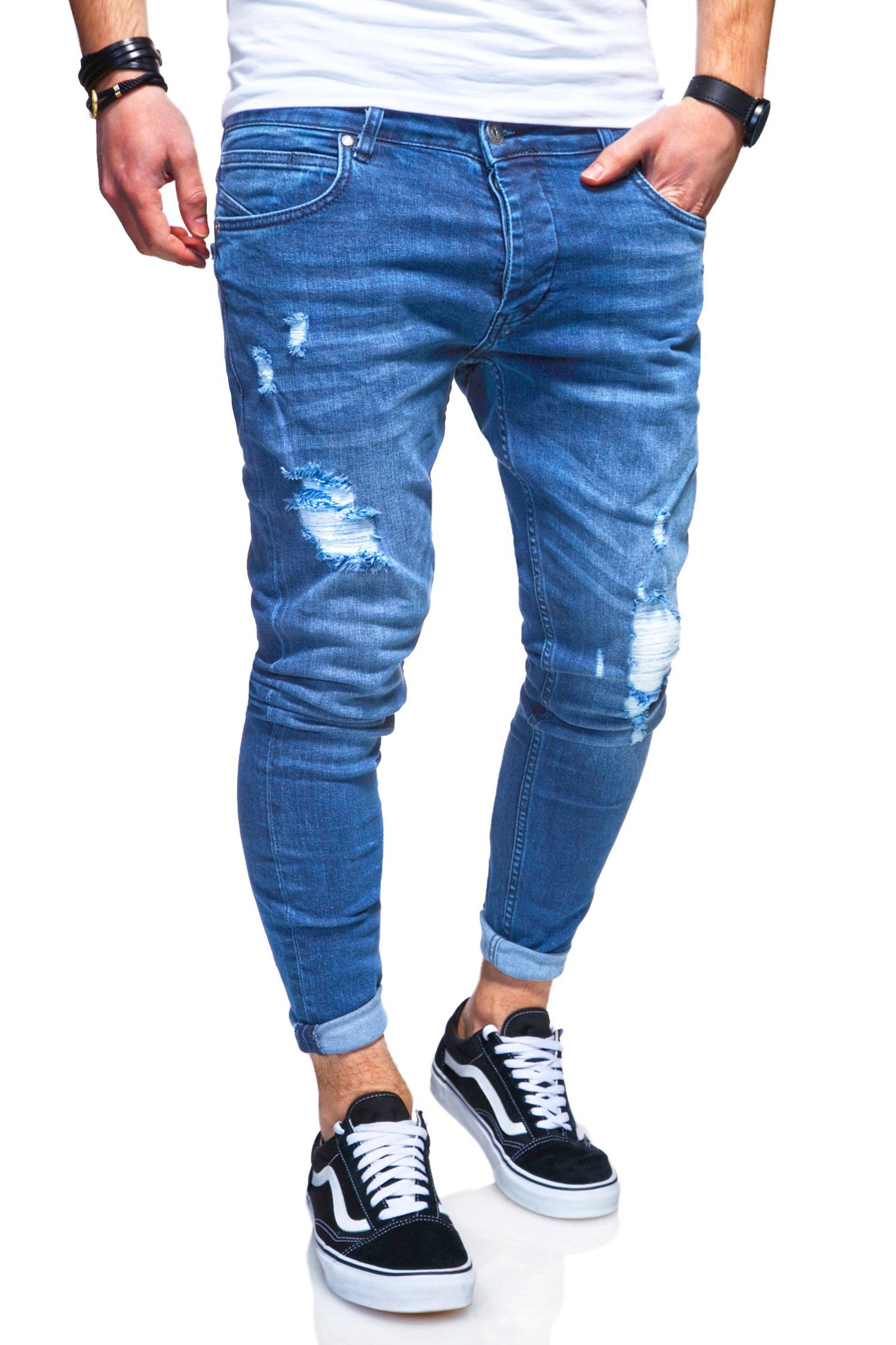 mit Slim-fit-Jeans ODIN hellblau behype Destroyed-Parts