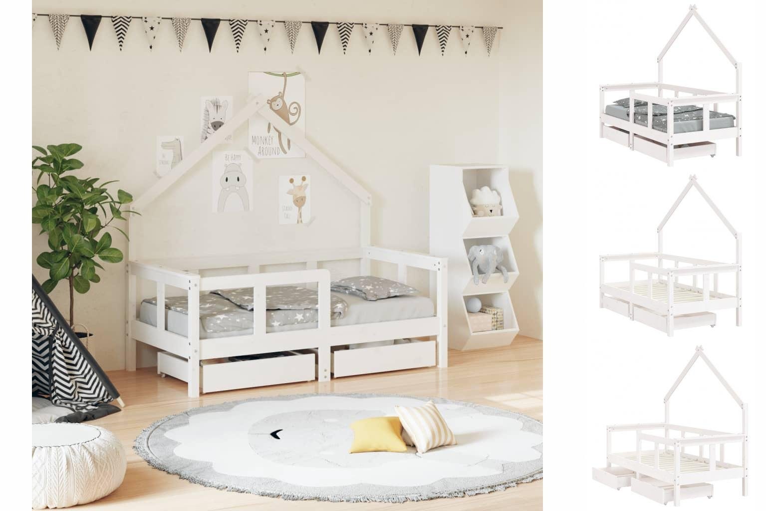 vidaXL Kinderbett Kinderbett mit Schubladen Weiß 70x140 cm Massivholz Kiefer
