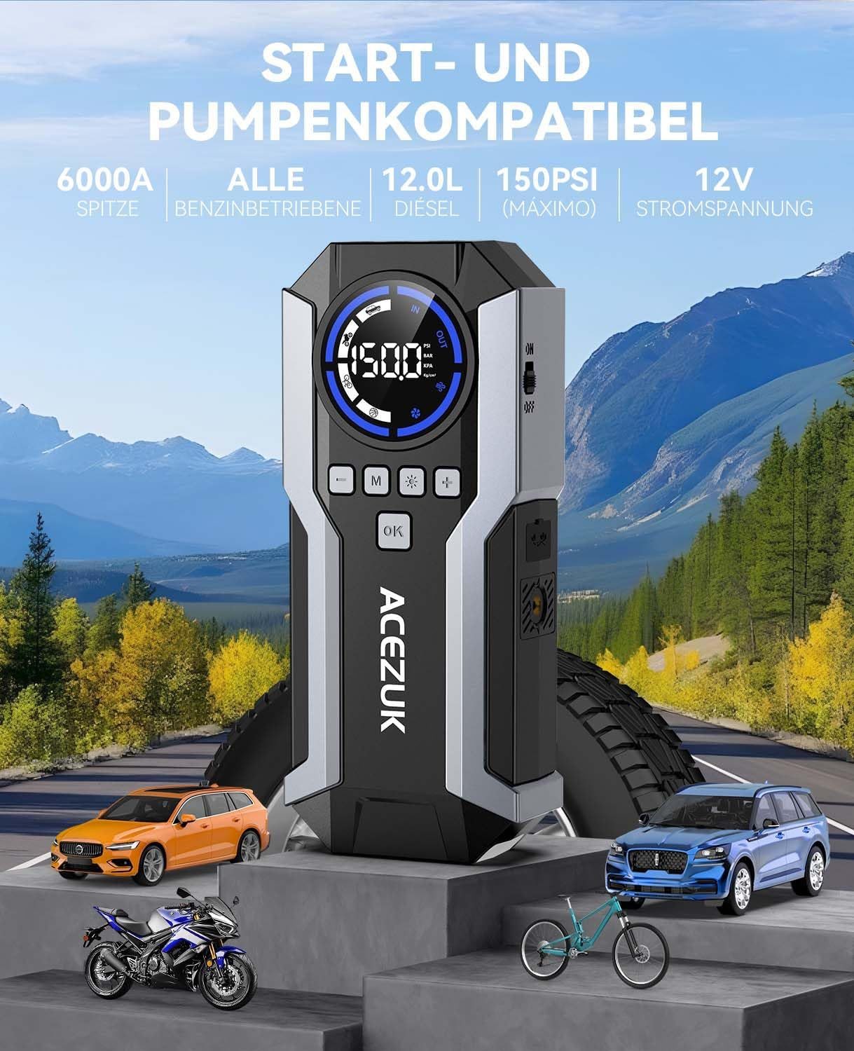 Acezuk Jump Starter Car Jump Starter with Air Compressor 3-in-1 Jump Starter (12V), 150 PSI, 6000A with LED Emergency Light and USB Power Bank