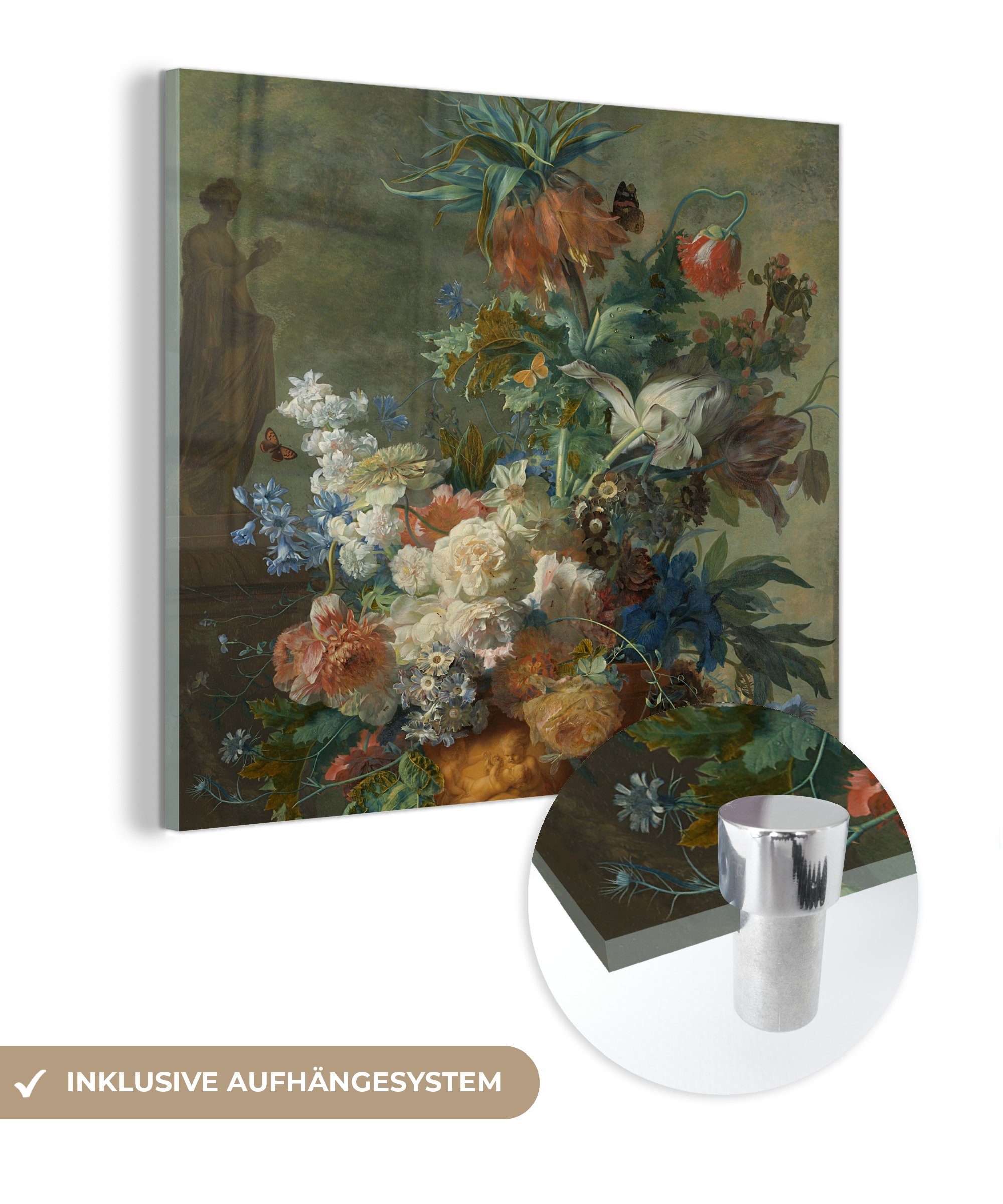 MuchoWow Acrylglasbild Stilleben mit Blumen - Gemälde von Jan van Huysum, (1 St), Glasbilder - Bilder auf Glas Wandbild - Foto auf Glas - Wanddekoration bunt