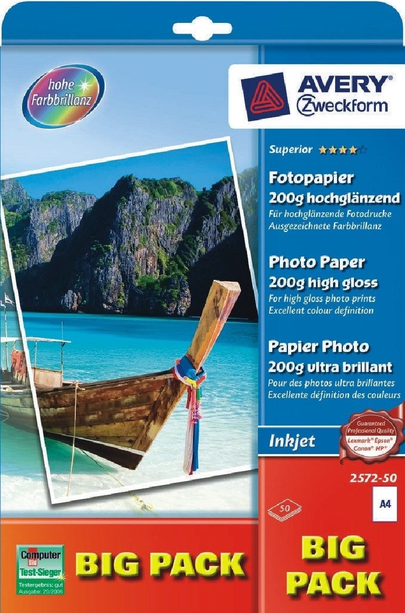 Avery Zweckform Fotopapier Fotopapier Inkjet A4 200g/qm hochglänzend VE=50 Blatt
