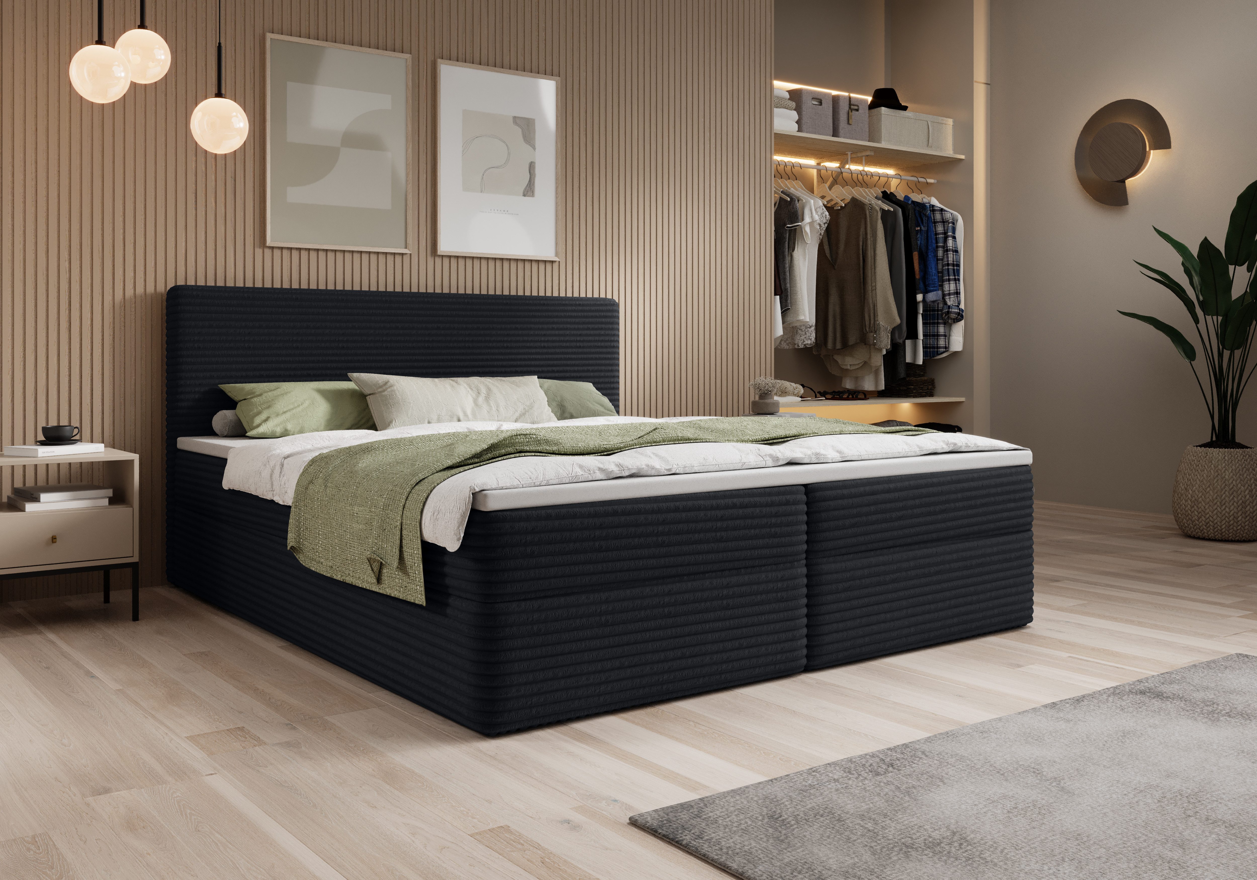 thematys Boxbett mit zwei Bettkasten 140x200–200x200 cm – Cordstoff Bezug – (Polsterbett Bonnellfederkern Matratze H3 + Gratis 3cm Topper, Boxbett - Luxus Doppelbett mit Stauraum)