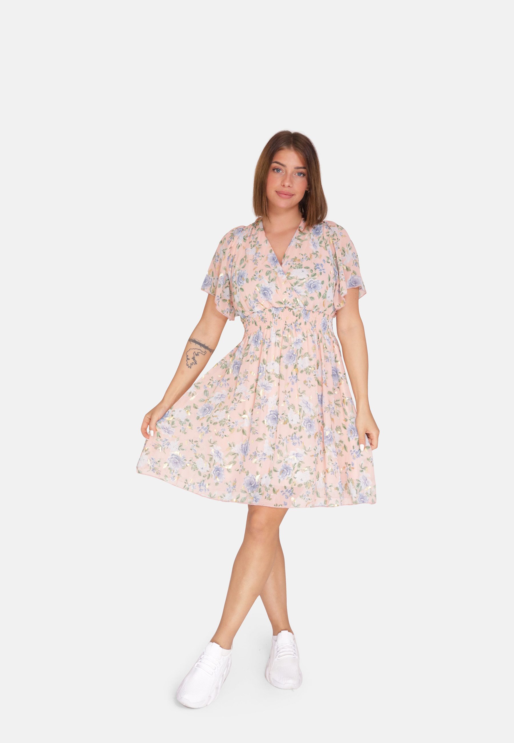 Elara Sommerkleid Damen Chiffonkleid mit Blumenmuster – Sommerkleid mit Volantärmeln mit Muster