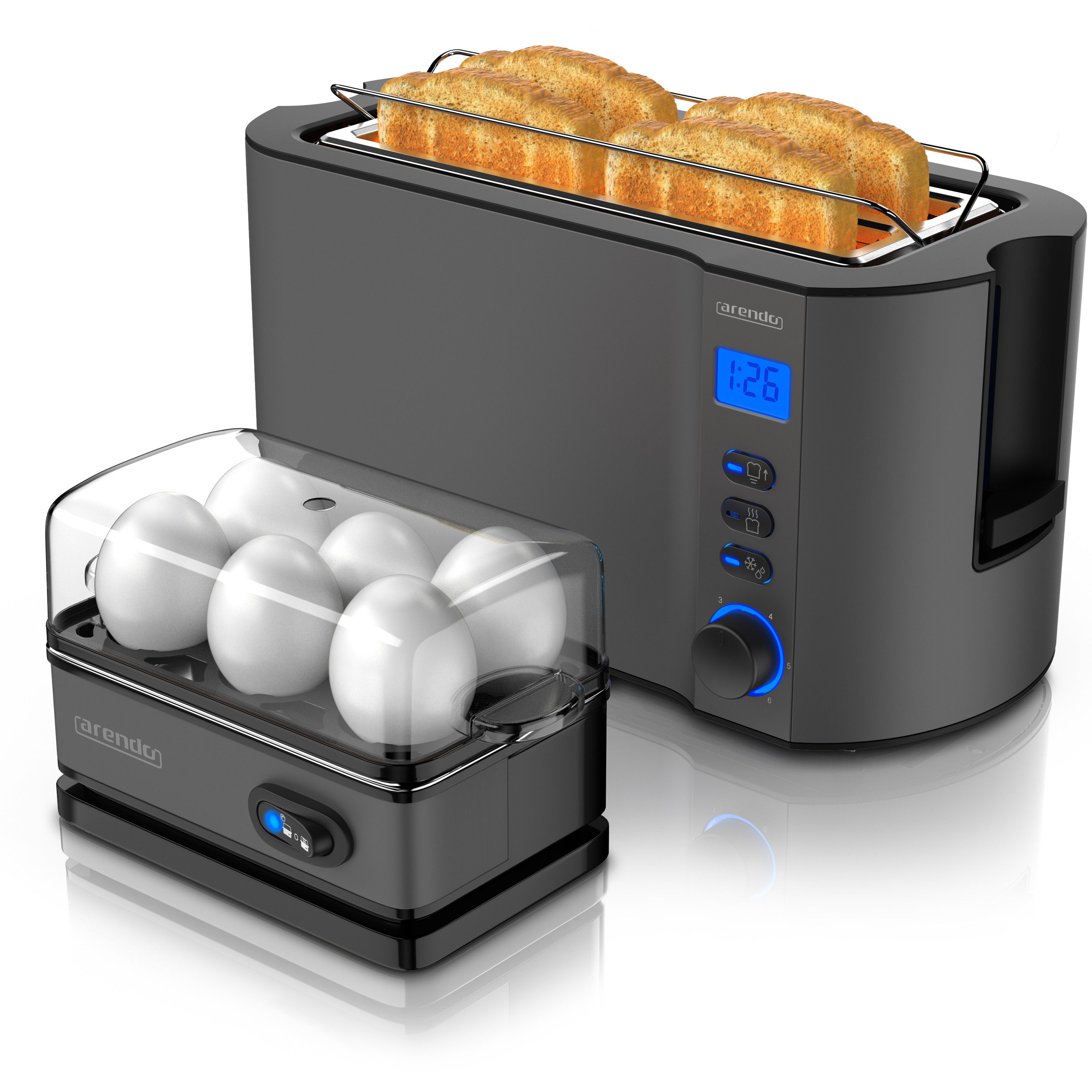 Arendo Frühstücks-Set (2-tlg), 4-Scheiben Langschlitz Toaster, 6er Eierkocher, Cool Grey