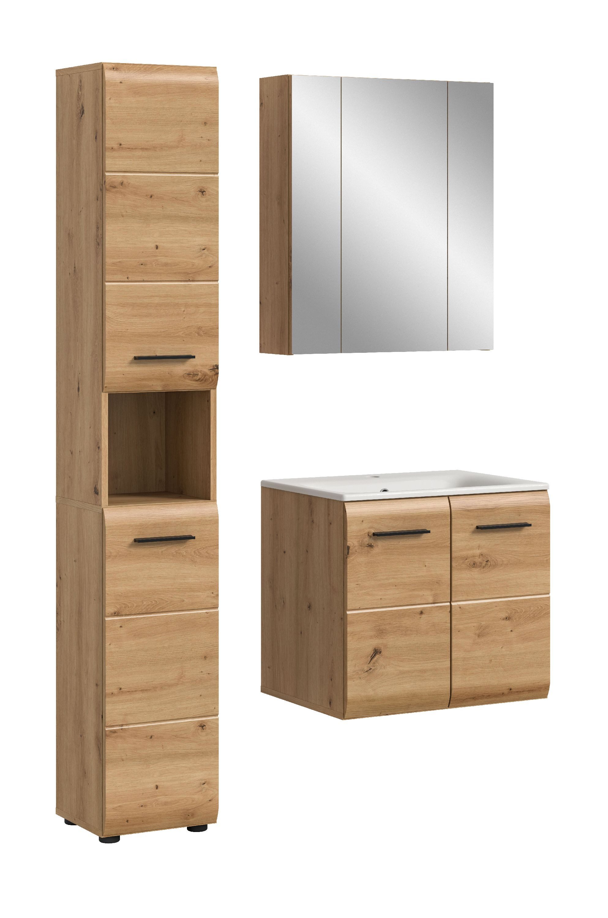 xonox.home Badmöbel-Set, (3tlg. Set inkl. Hoch-, Spiegelschrank, Waschtisch Inkl. Waschbecken), Artisan Oak Nachbildung Melamin beschichtet modern 105x185x46 cm